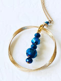 Royal Blue Crystal Pendant Necklace, Gold Plated Circular Necklace, 30 Inch