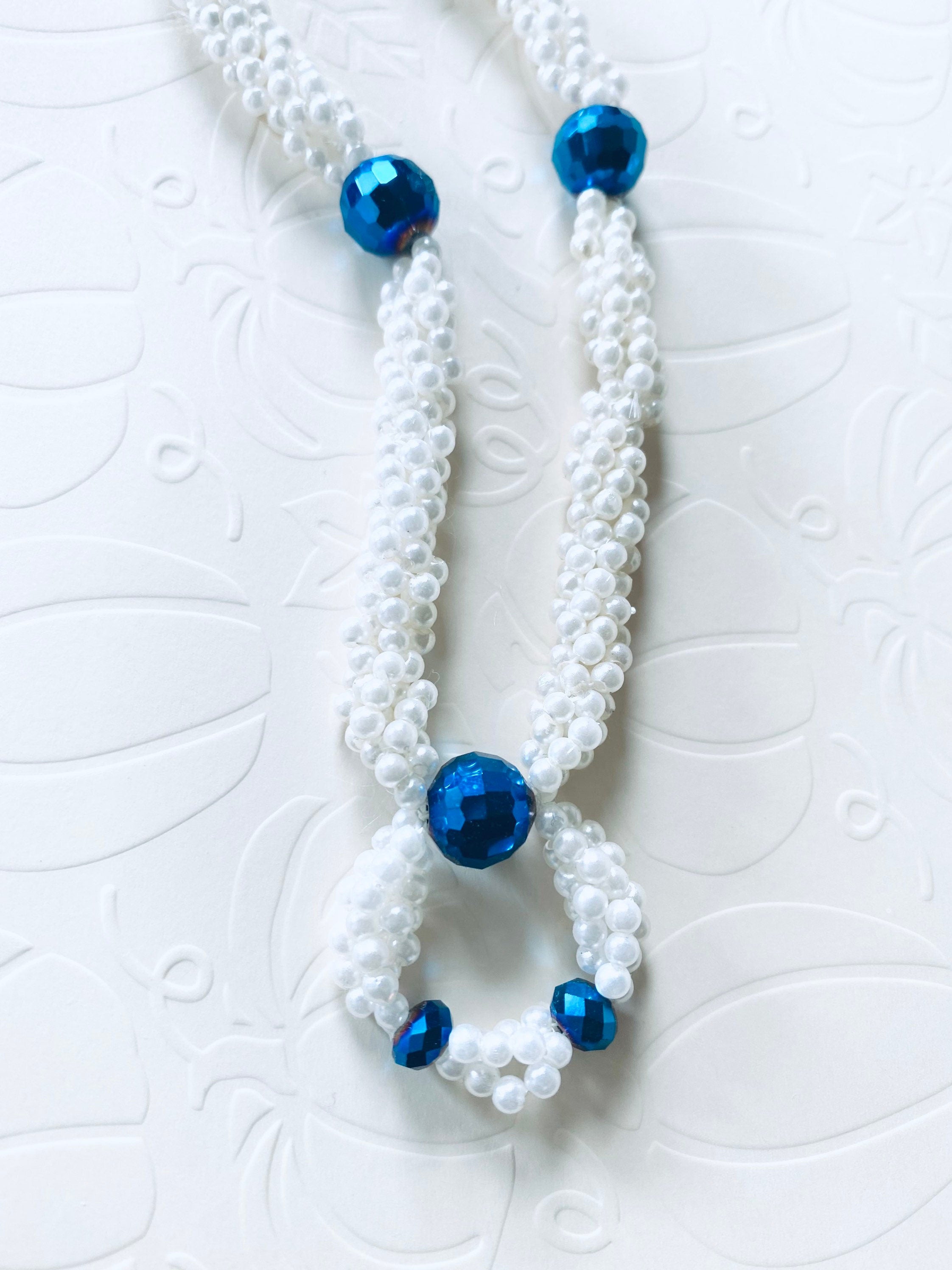 Spiral Beaded Necklace, Iridescent Blue, White Pearl Acrylic