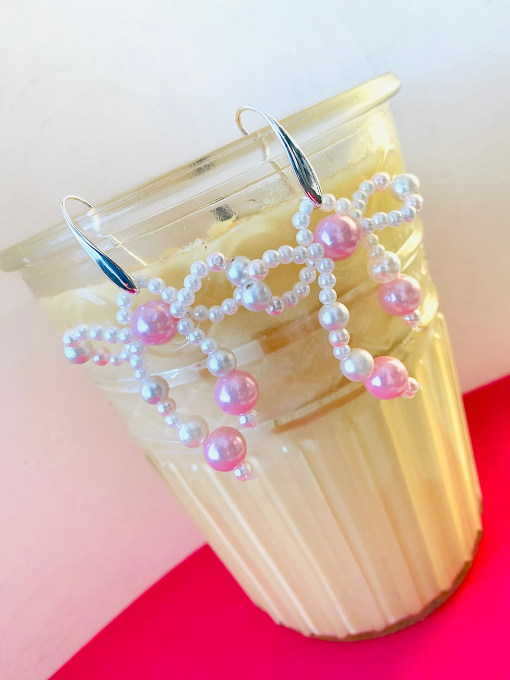 Pink and White Bow Earrings