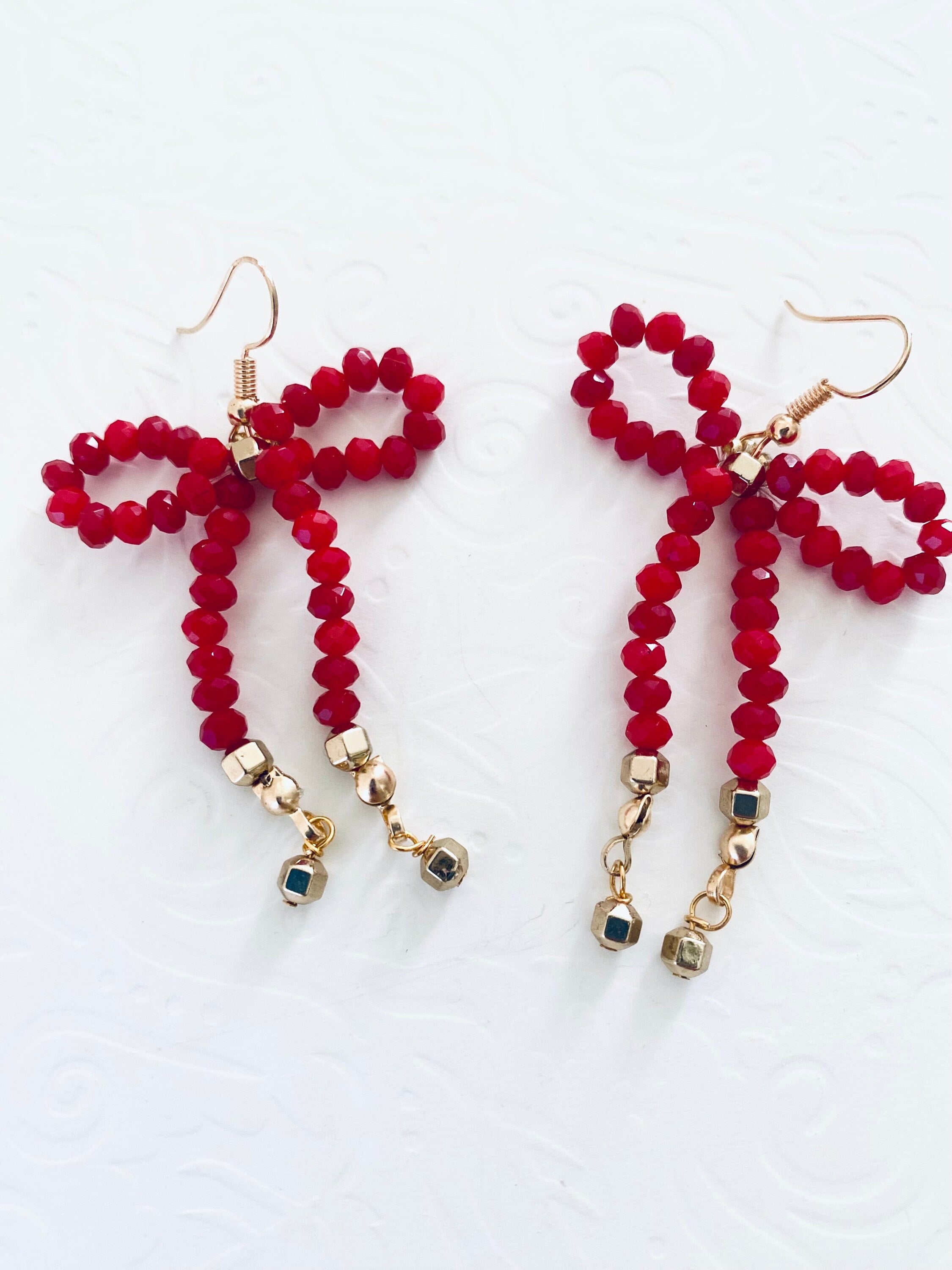 Red Crystal Bow Earrings, Gold Plated Hooks, Handmade