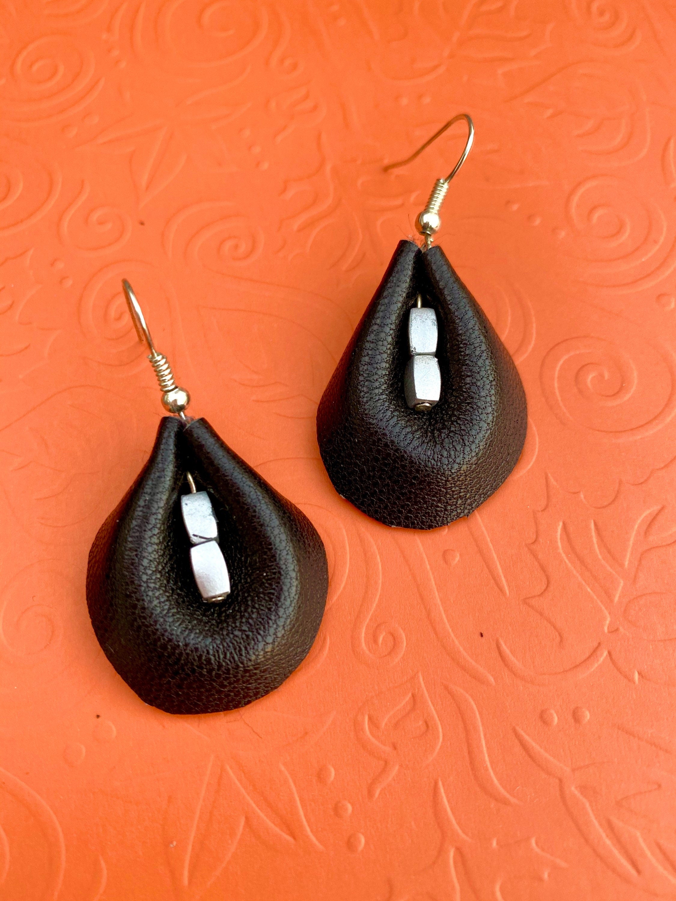 Black leather earrings, teardrop leather earrings, Fall leather earrings, black and silver leather earrings, sexy leather, gift ideas, soft