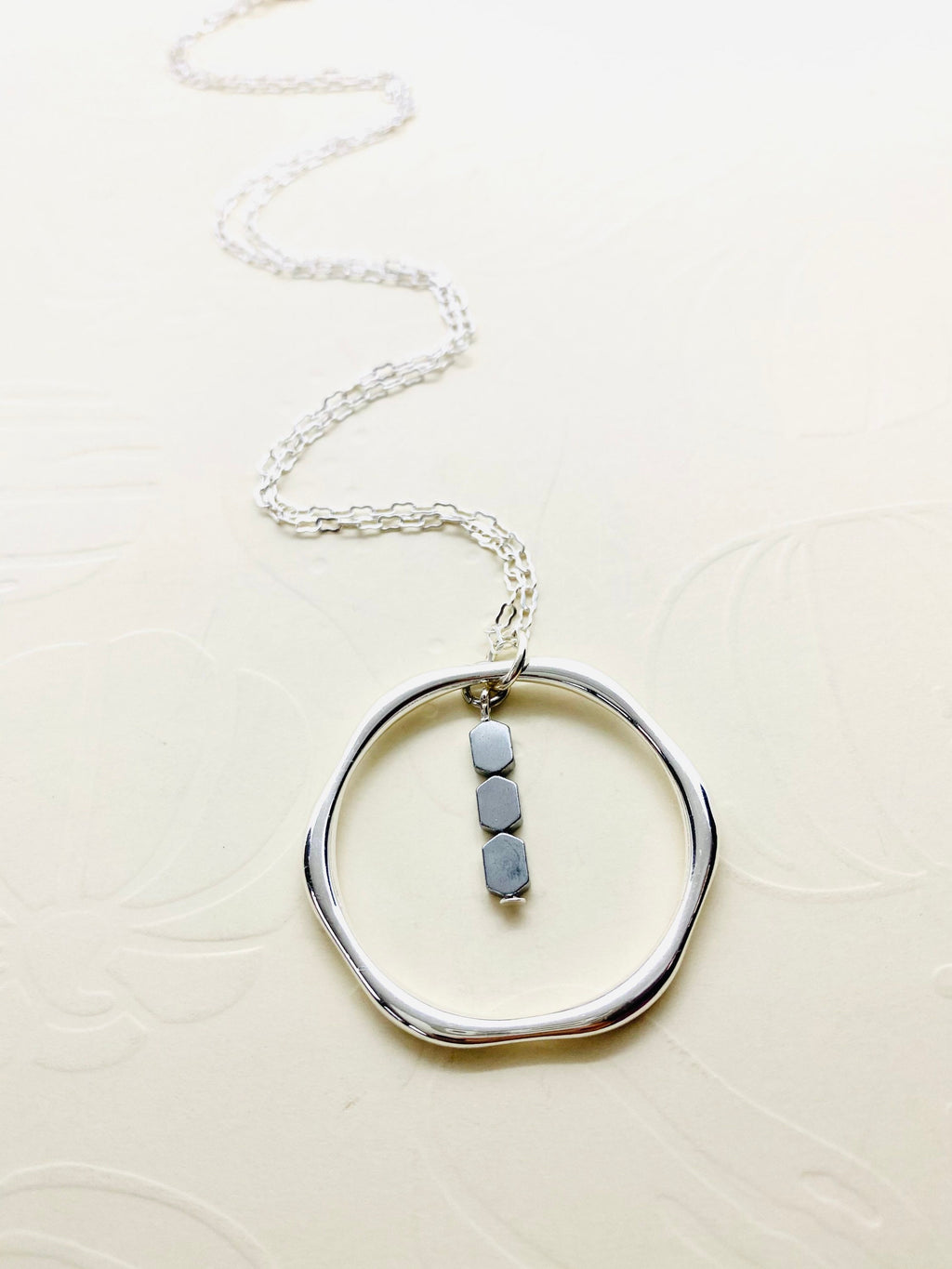 Silver Hexagon Pendant Necklace with Hematite Beads, 30 Inch Chain