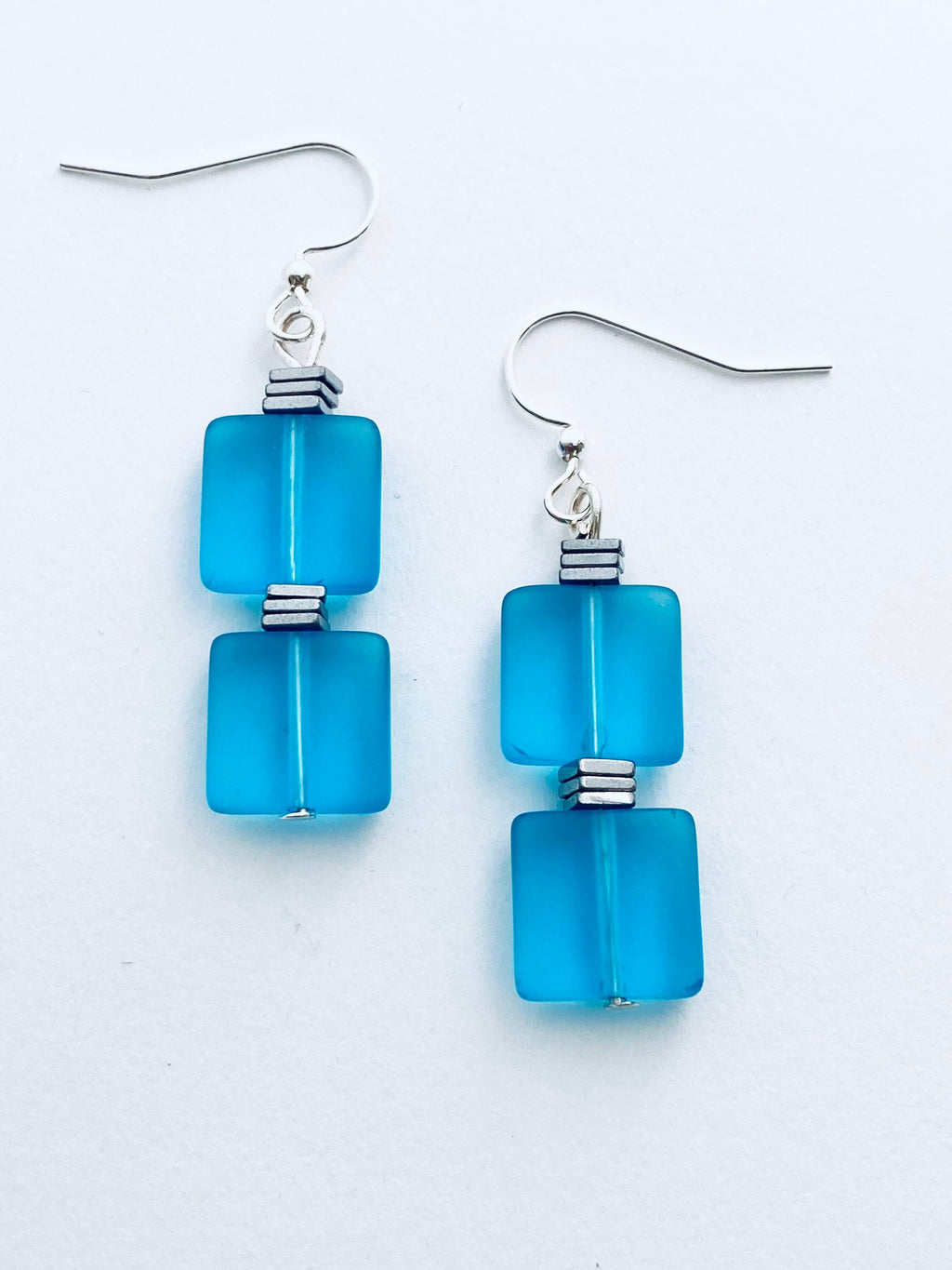 Blue Sea Glass Earrings, Silver Accents, Sleek Square Drop