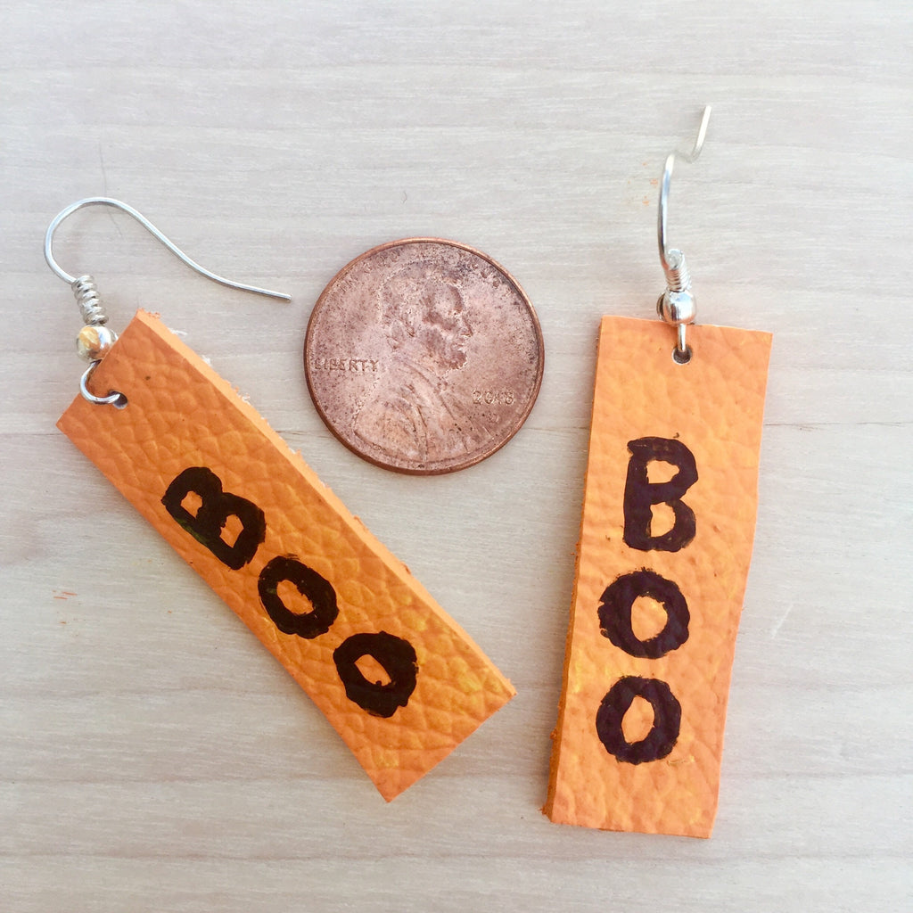 Halloween Leather Earrings, Hand-Painted 'Boo' Design, Spooky Chic