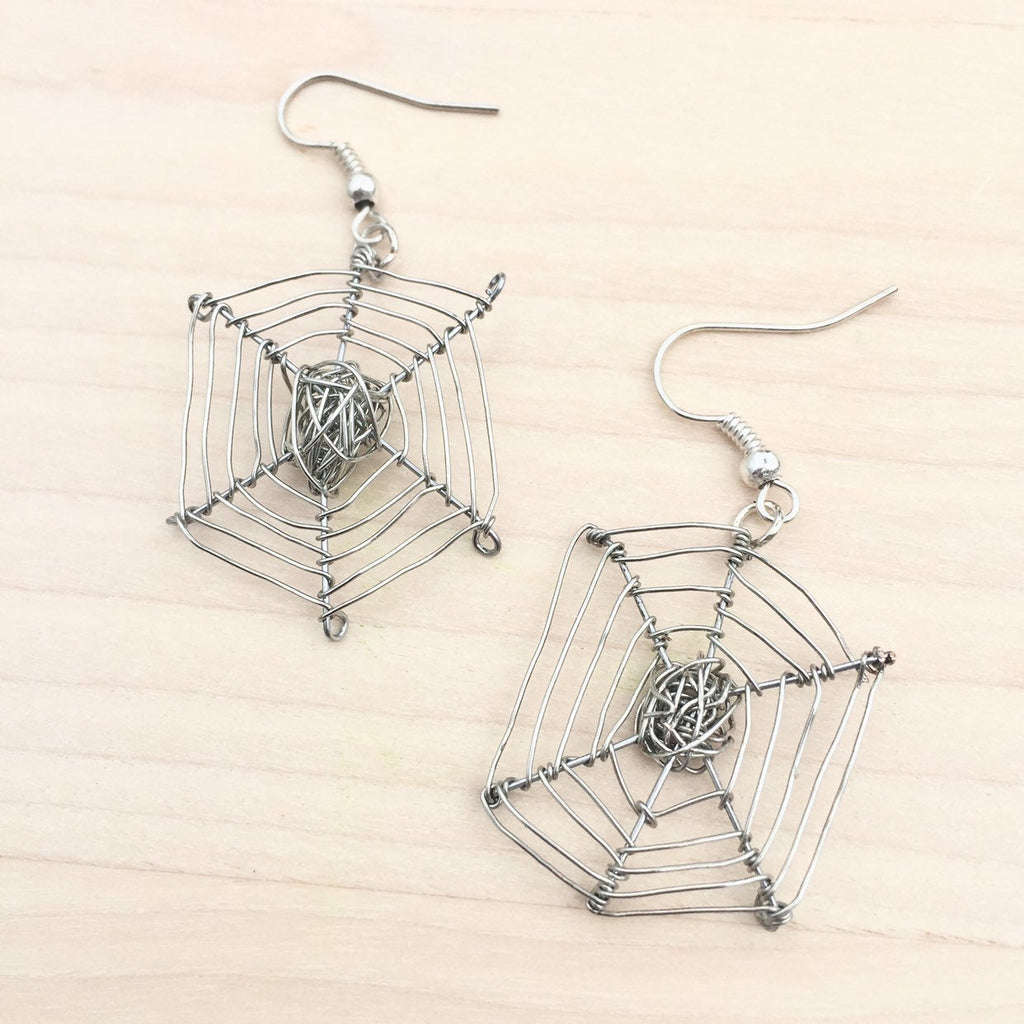 Silver Plated Wire Spider Web Earrings, Halloween Jewelry