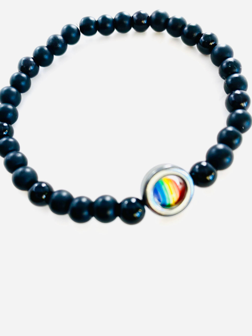 Onyx Pride Bracelet, Rainbow Resin Bead, LGBT Stretch Bracelet