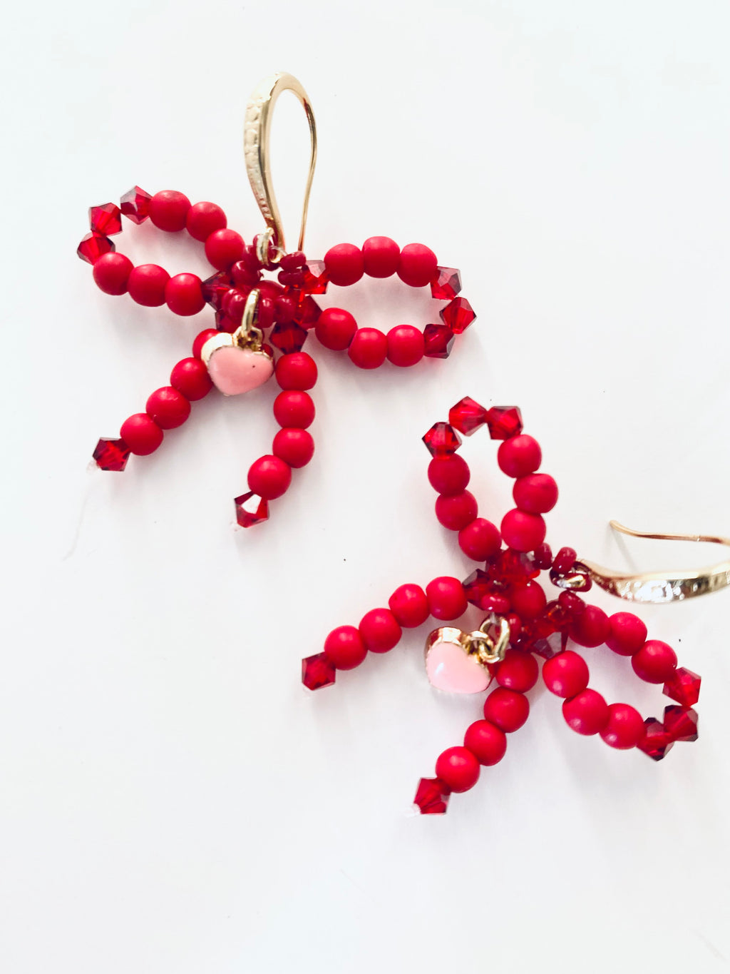 Red Beaded Bow Earrings Handmade in Chicago