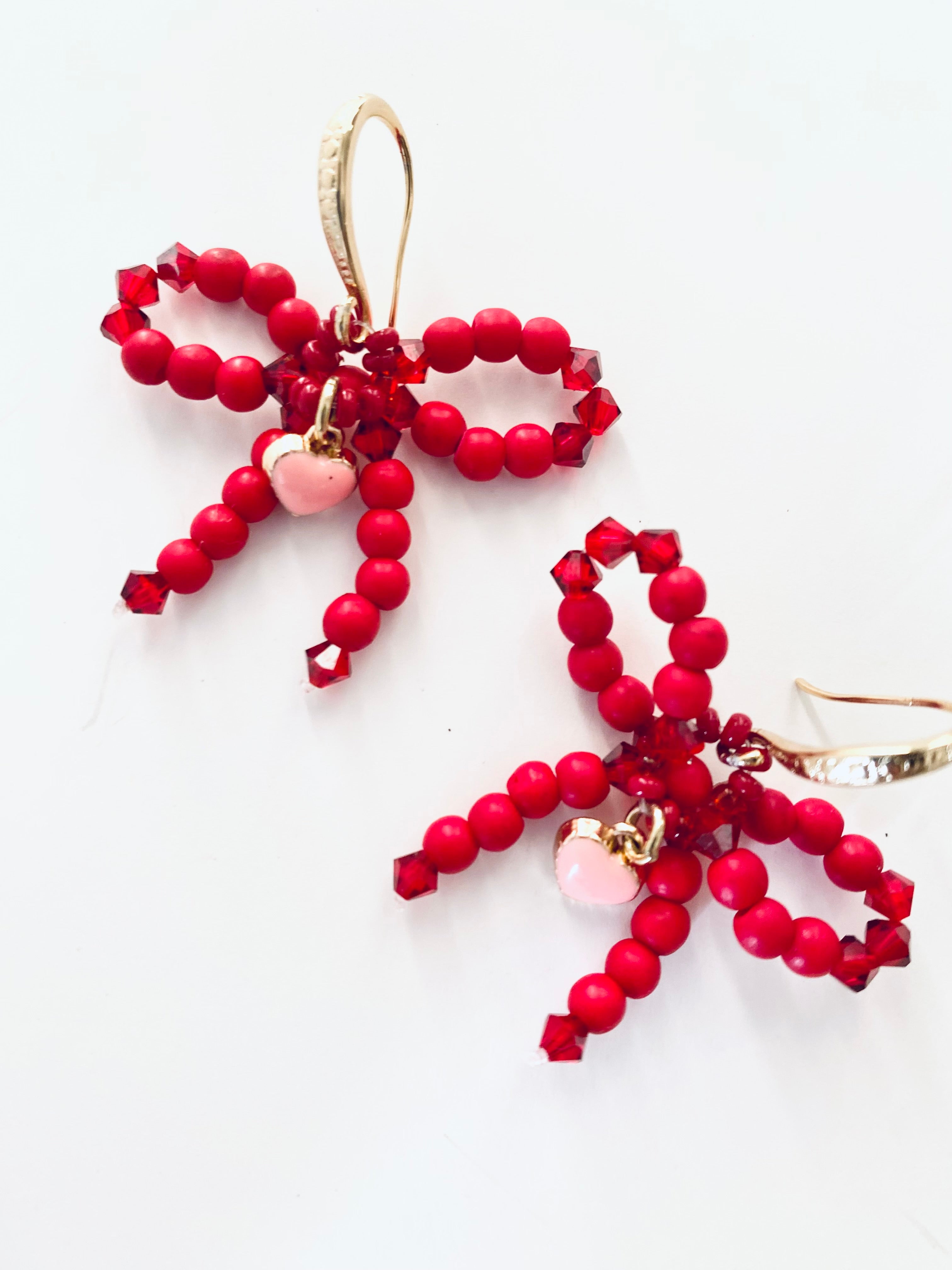 Red Beaded Bow Earrings Handmade in Chicago