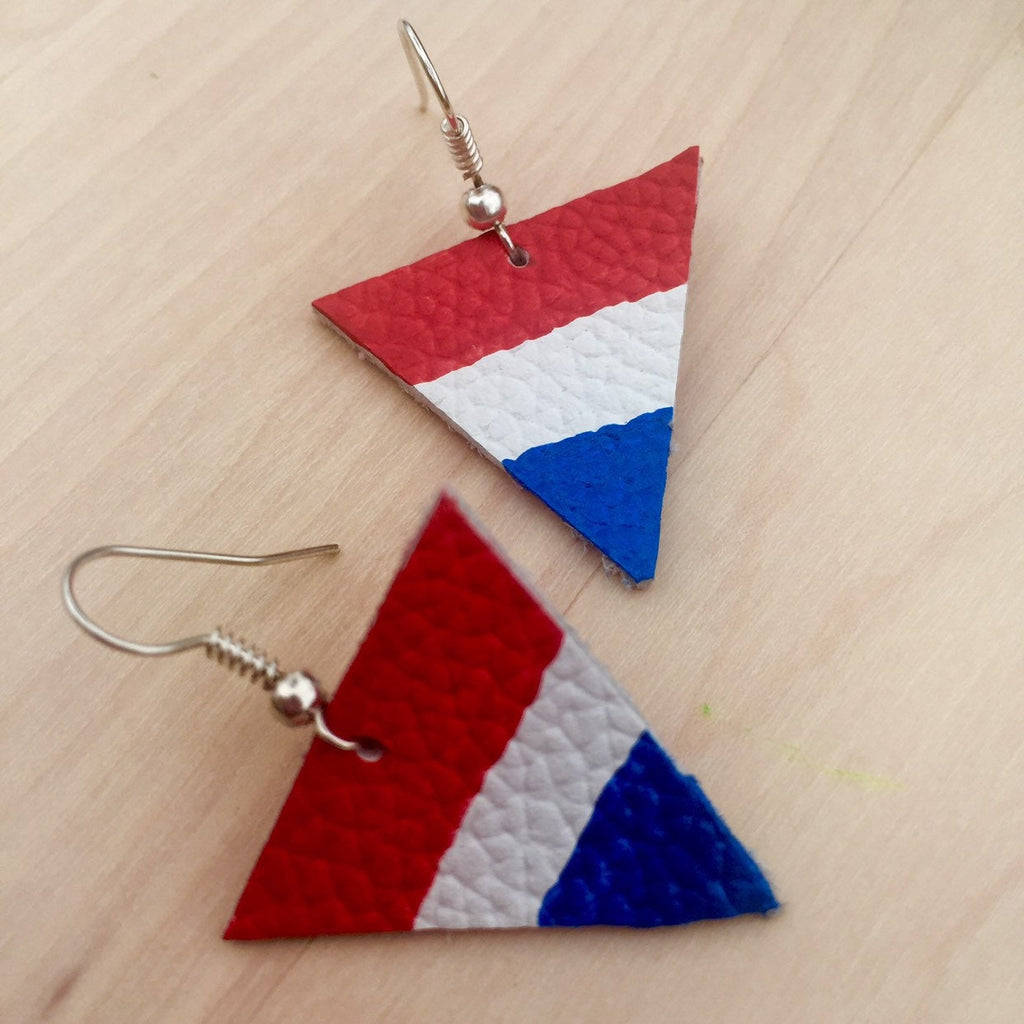 Handmade Leather Triangle Earrings, Red White Blue, Patriotic Jewelry