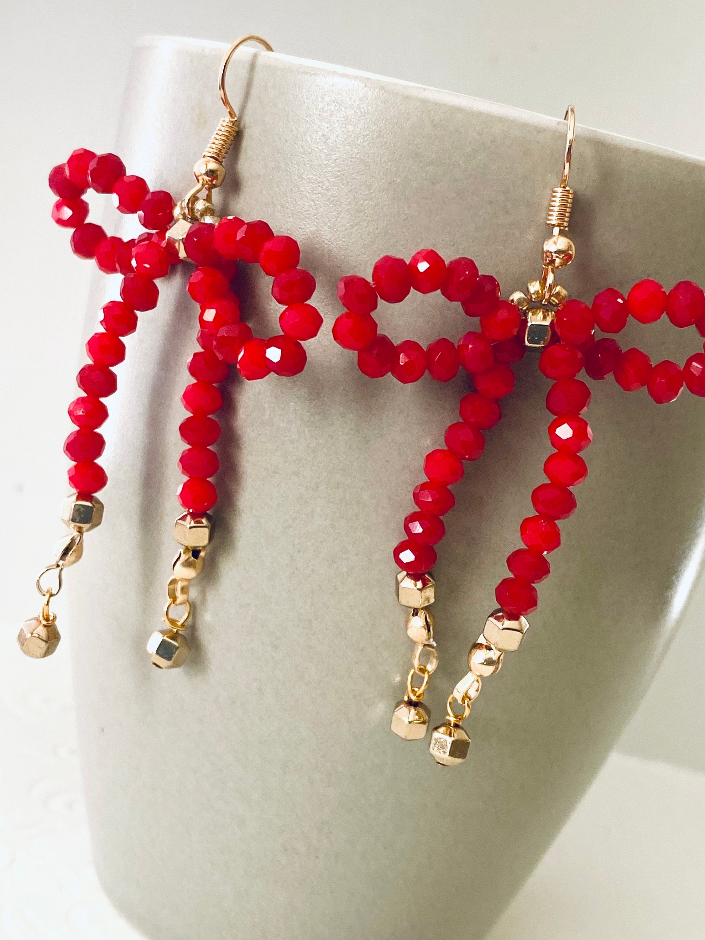 Red Crystal Bow Earrings, Gold Plated Hooks, Handmade