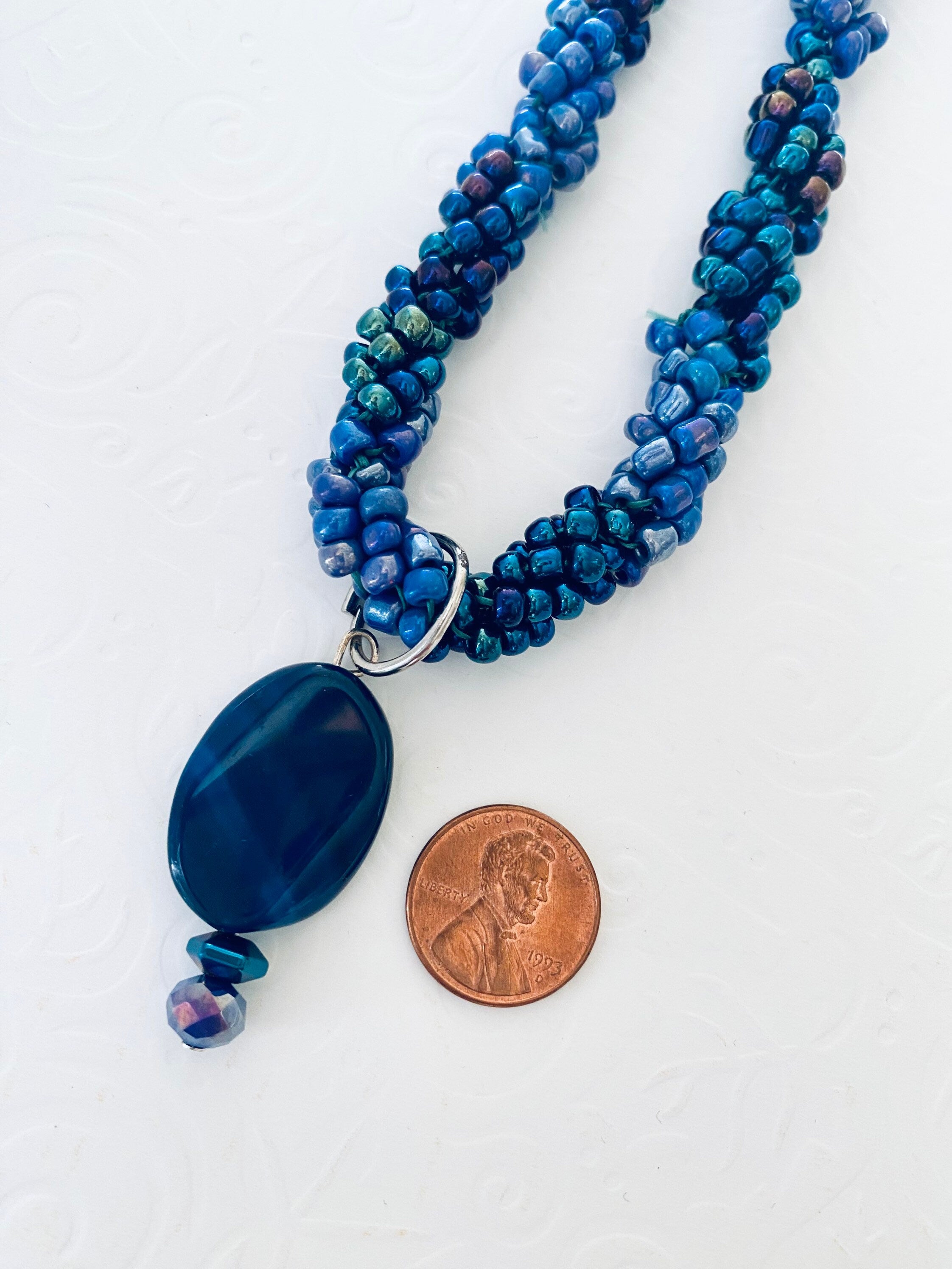 Iridescent Blue Beaded Spiral Necklace, Handmade Elegant Pendant