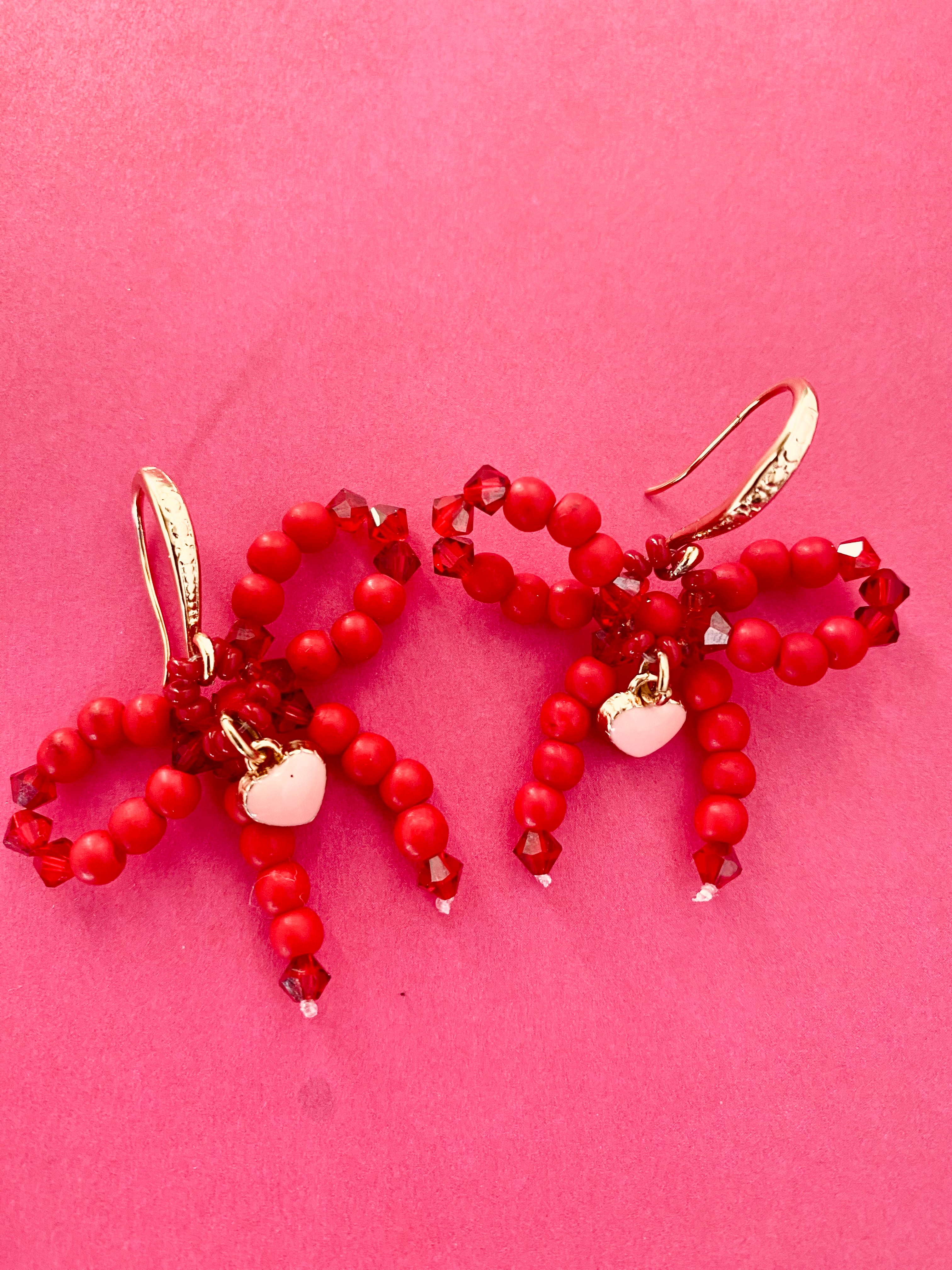 Red Beaded Bow Earrings Handmade in Chicago