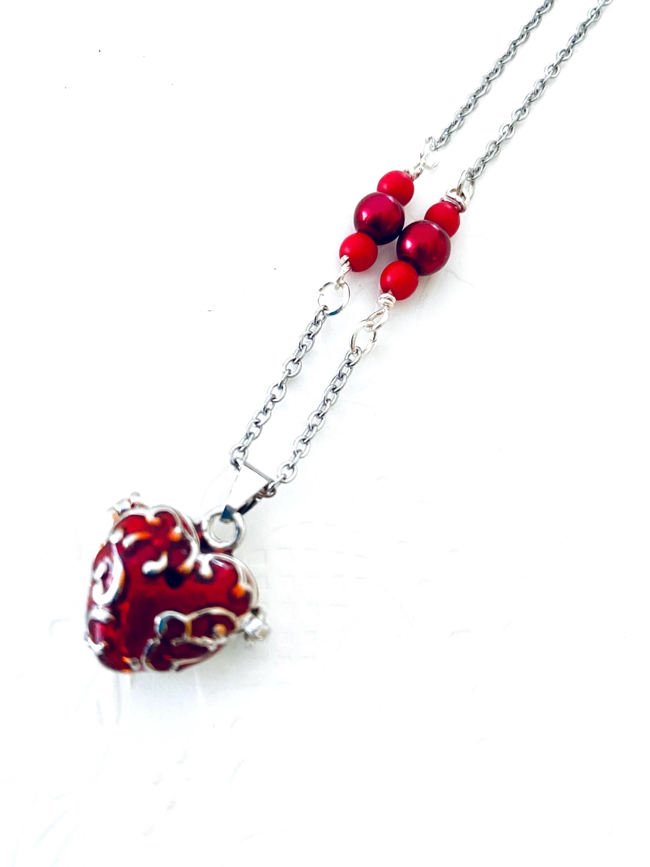 Red Heart Locket Necklace, Filigree Pendant, Sentimental Keepsake