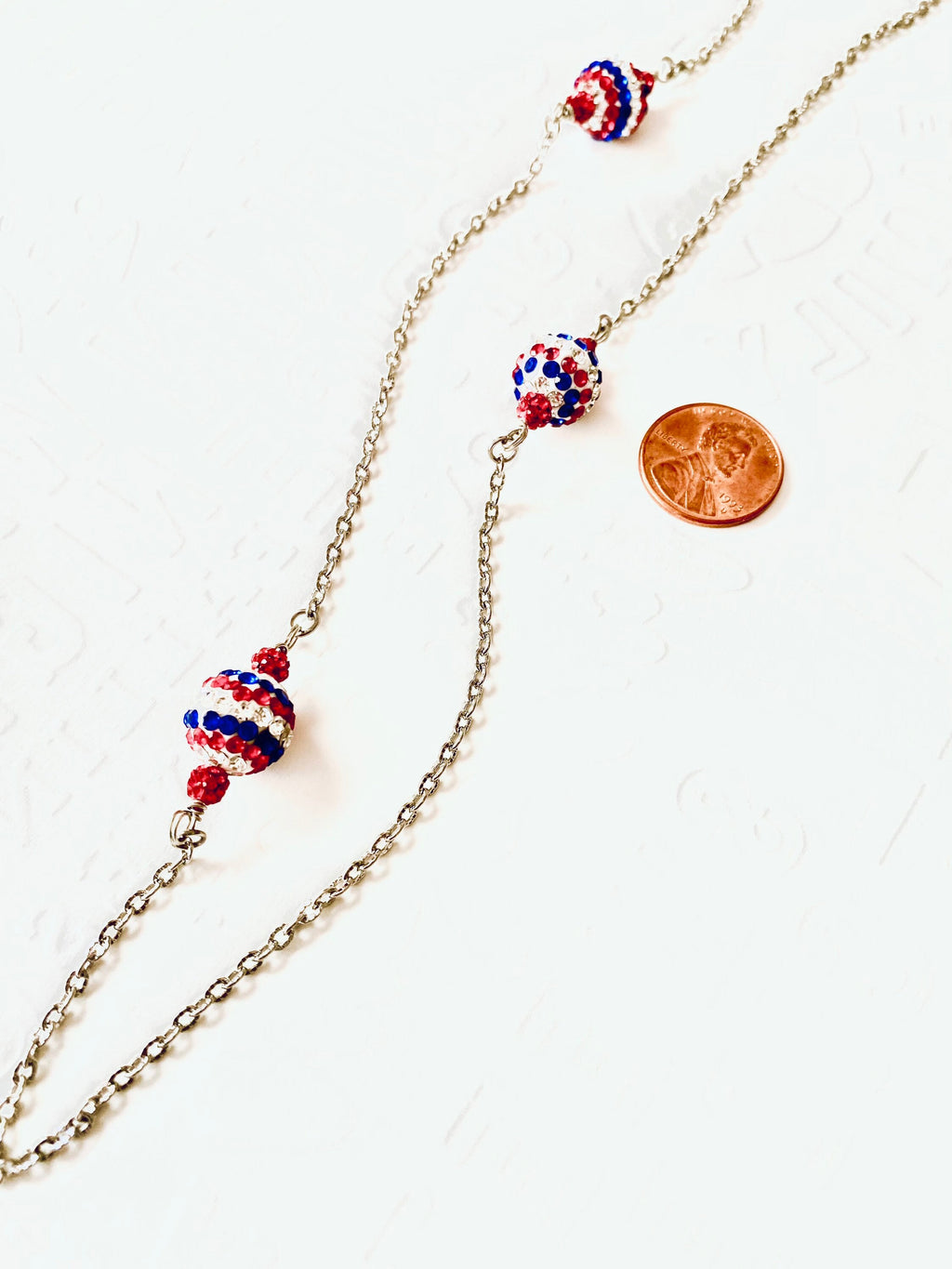 Handmade 4th of July Rhinestone Necklace, Red White and Blue Silver Chain