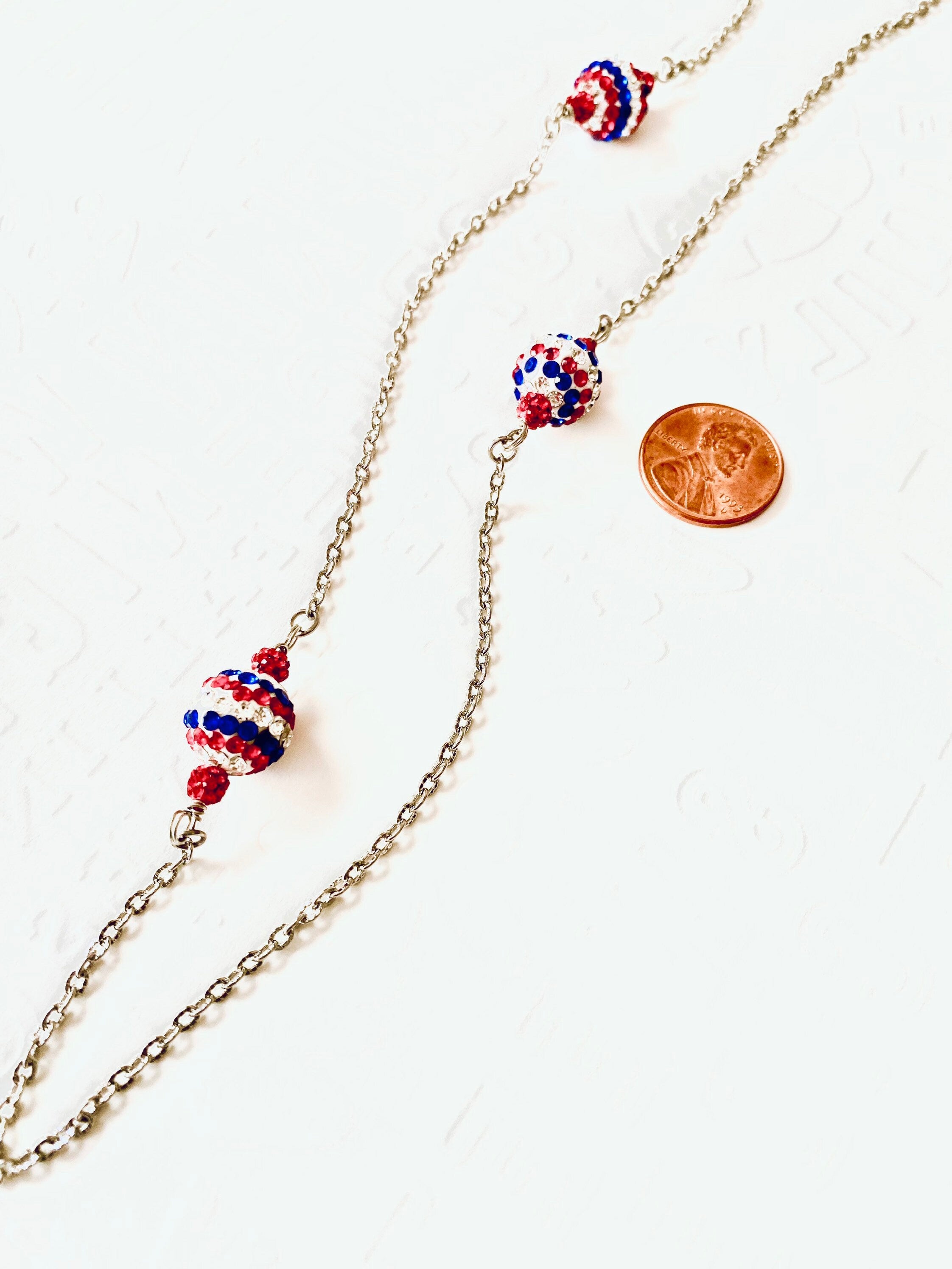 Handmade 4th of July Rhinestone Necklace, Red White and Blue Silver Chain