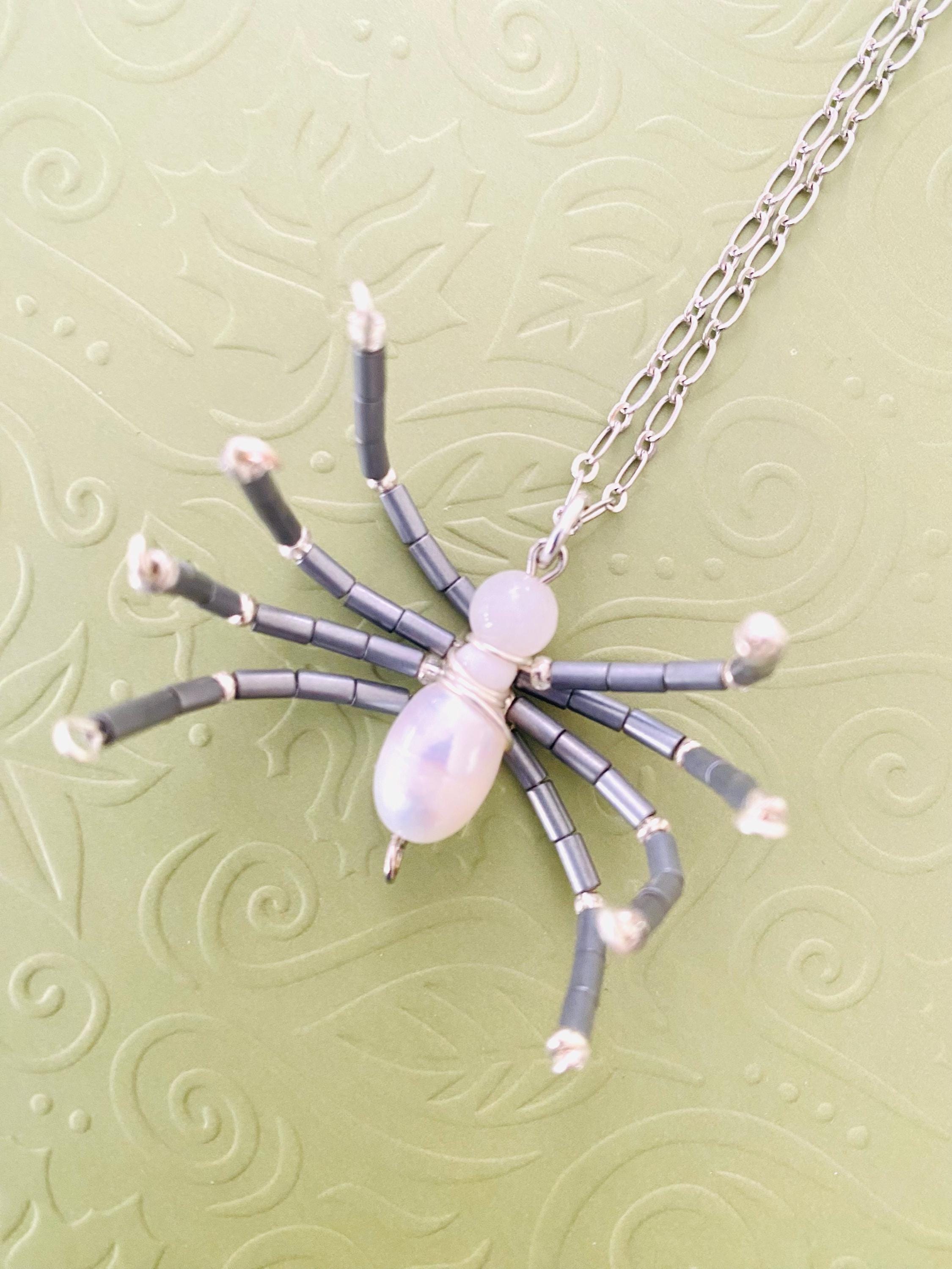 Beaded Spider Necklace, Pearl Pendant, Halloween Jewelry