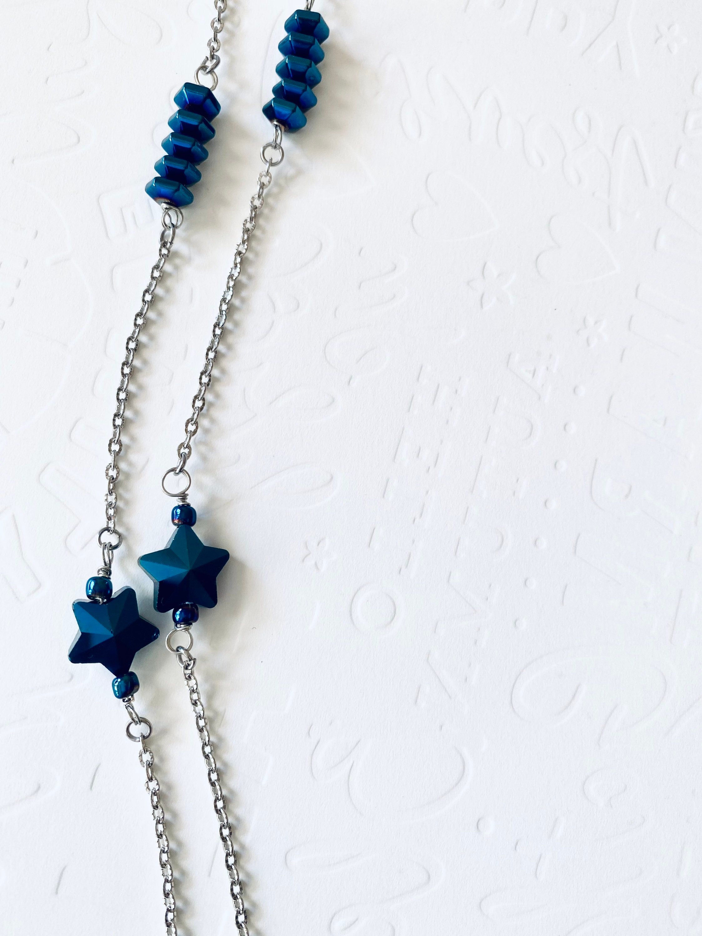 Handmade Blue Iridescent Star Necklace, Silver Chain, Patriotic Jewelry