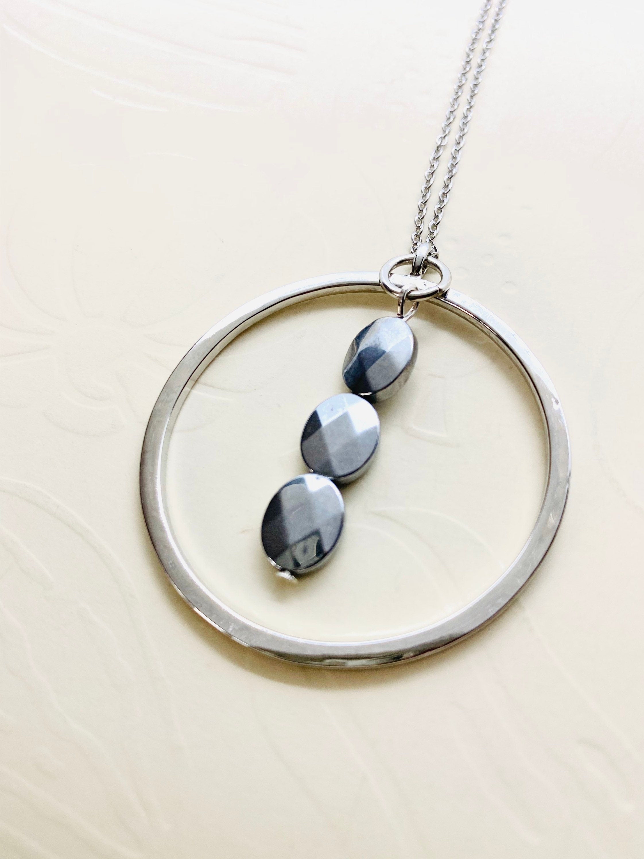 Silver Plated Circular Pendant Necklace, Faceted Bead Accent, 30 Inch