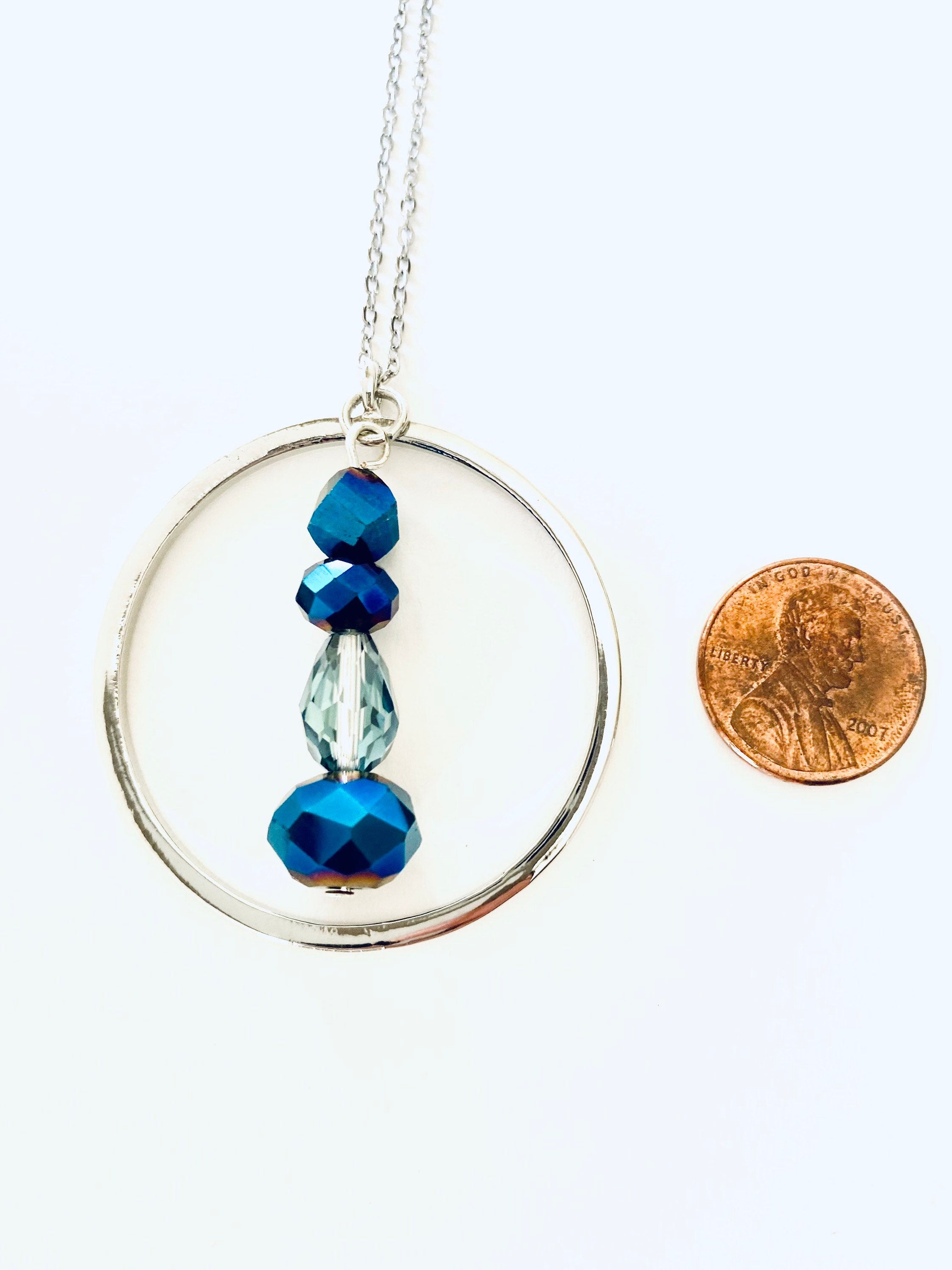 Blue Iridescent Beaded Pendant Necklace, Silver Plated, 30 Inch