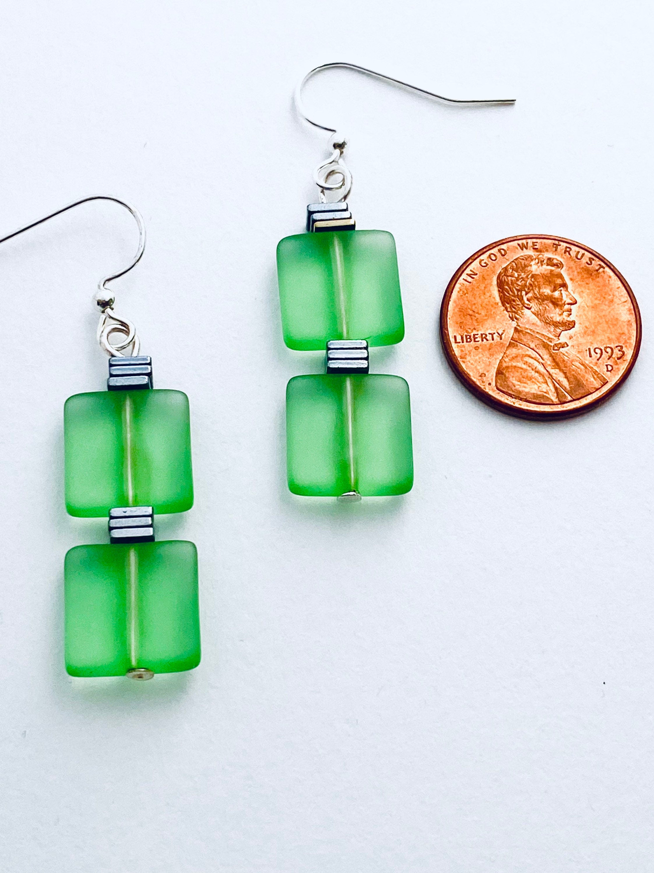 Green Sea Glass Dangle Earrings, Silver Plated Components
