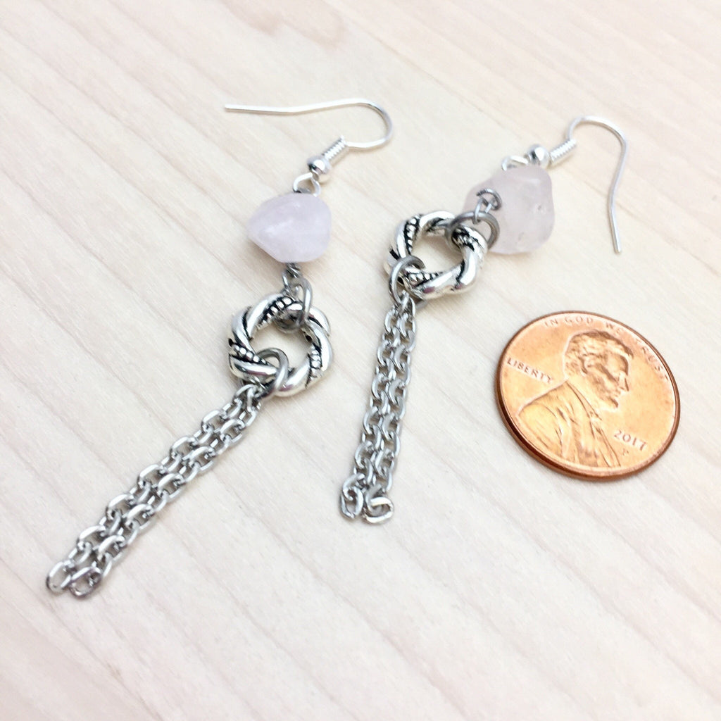 Rose Quartz Dangle Earrings, Silver Plated Chain, Lightweight