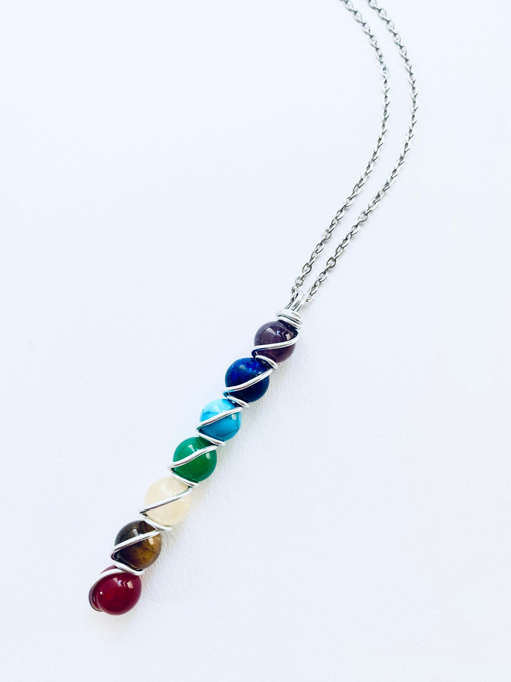 7 Chakra Gemstone Necklace, Spiritual Balance, Silver Plated Chain