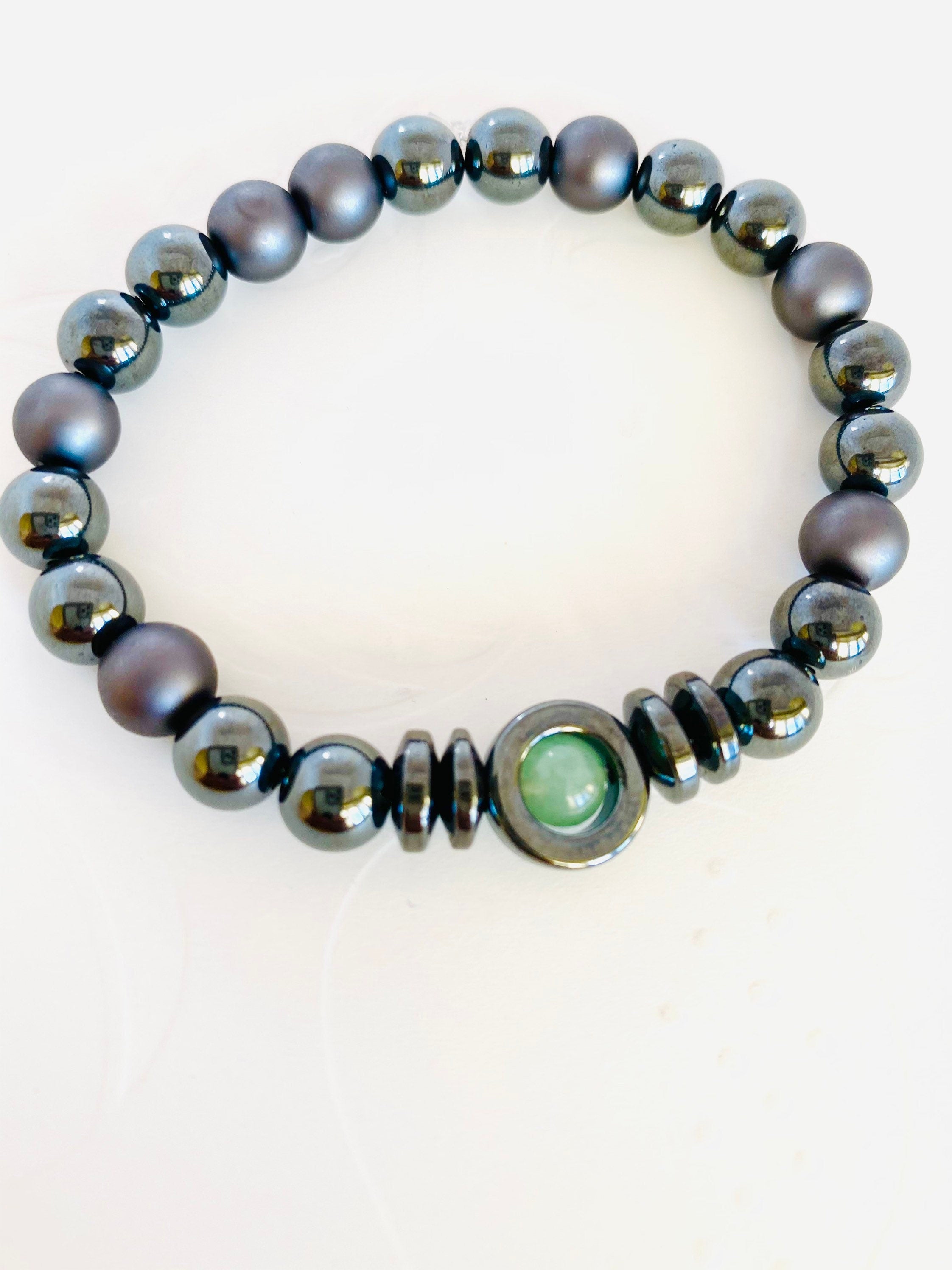Jade Hematite Gemstone Stretch Bracelet, Unisex Healing Jewelry