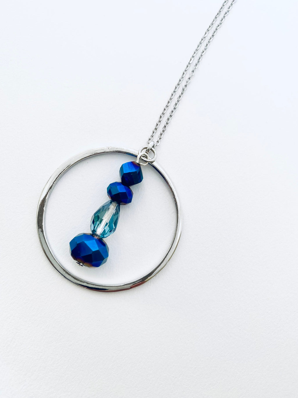 Blue Iridescent Beaded Pendant Necklace, Silver Plated, 30 Inch