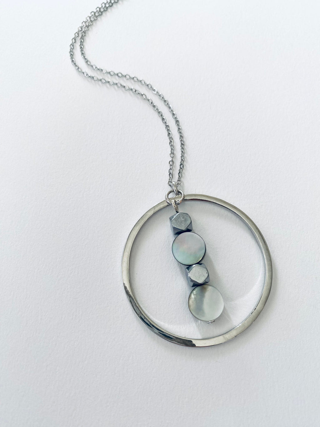 Iridescent Pearl Glass Pendant Necklace, Circular Silver Necklace, 30 inch