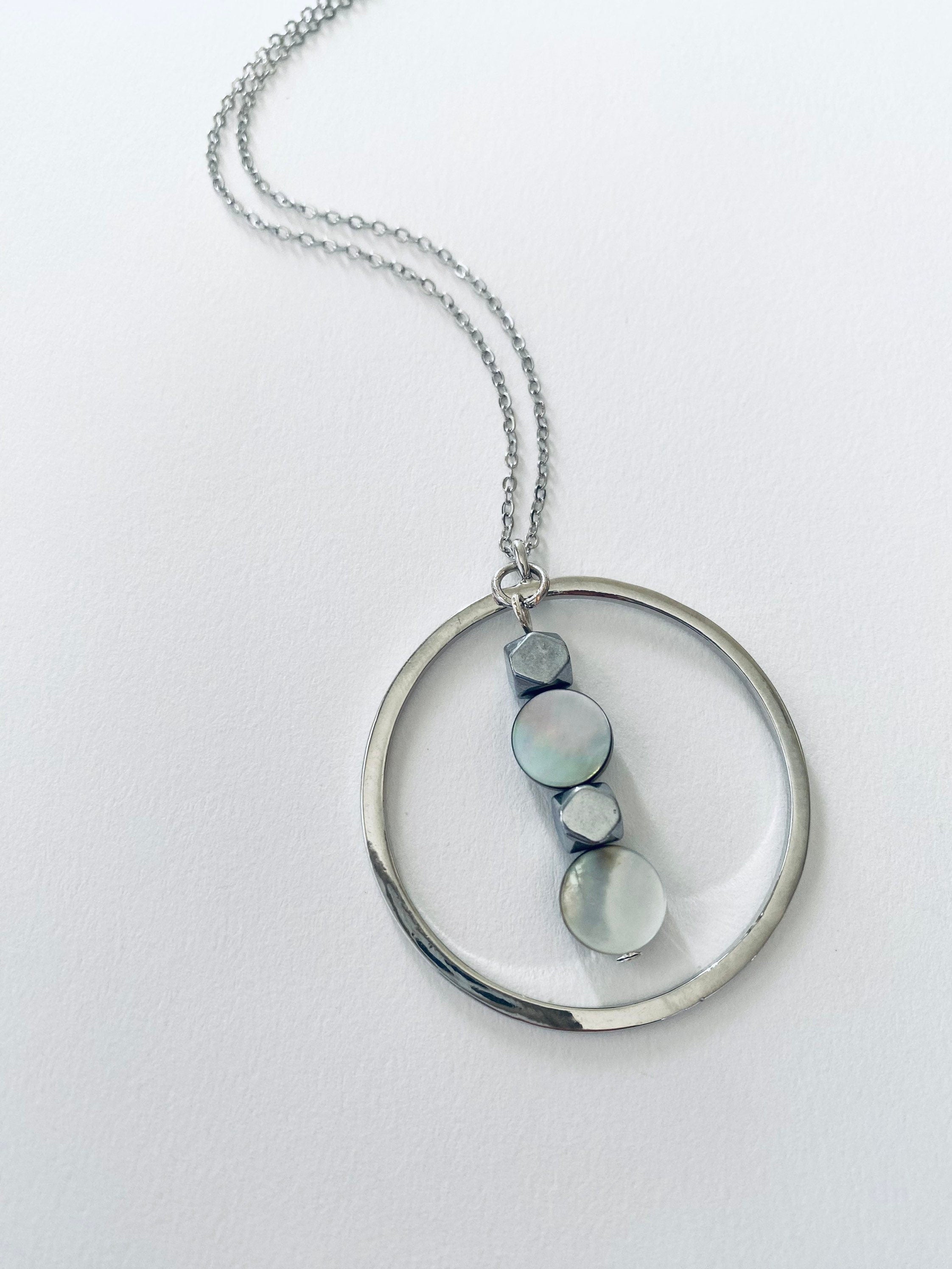 Iridescent Pearl Glass Pendant Necklace, Circular Silver Necklace, 30 inch