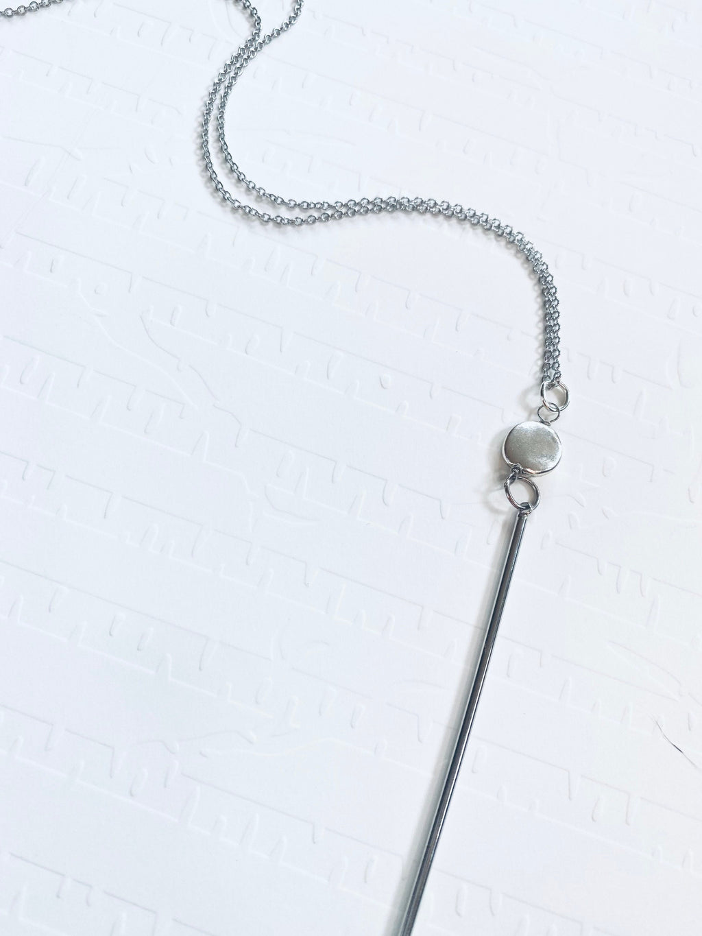Silver Bar Pendant Necklace, Long Cable Chain, Bead Accent