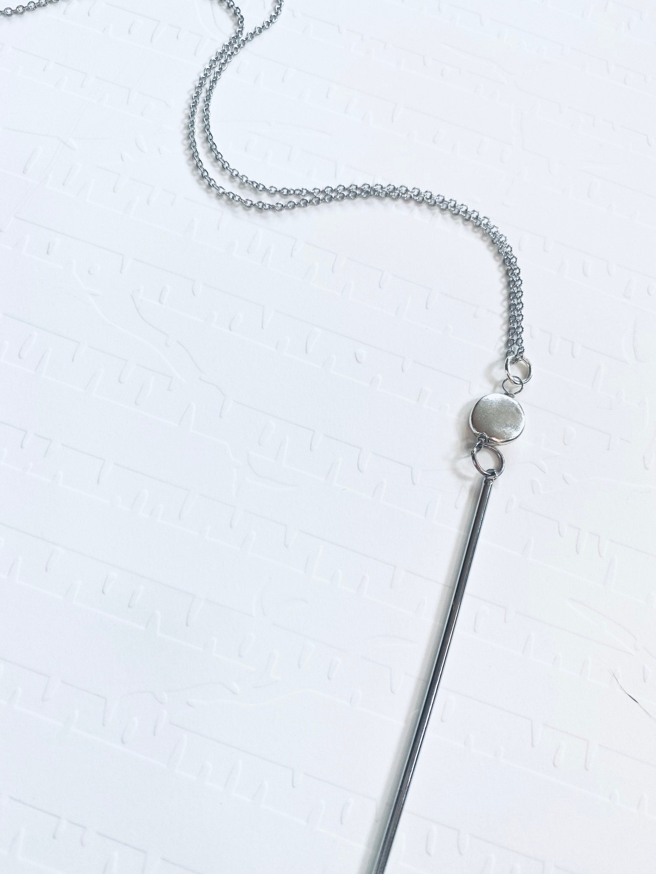 Silver Bar Pendant Necklace, Long Cable Chain, Bead Accent