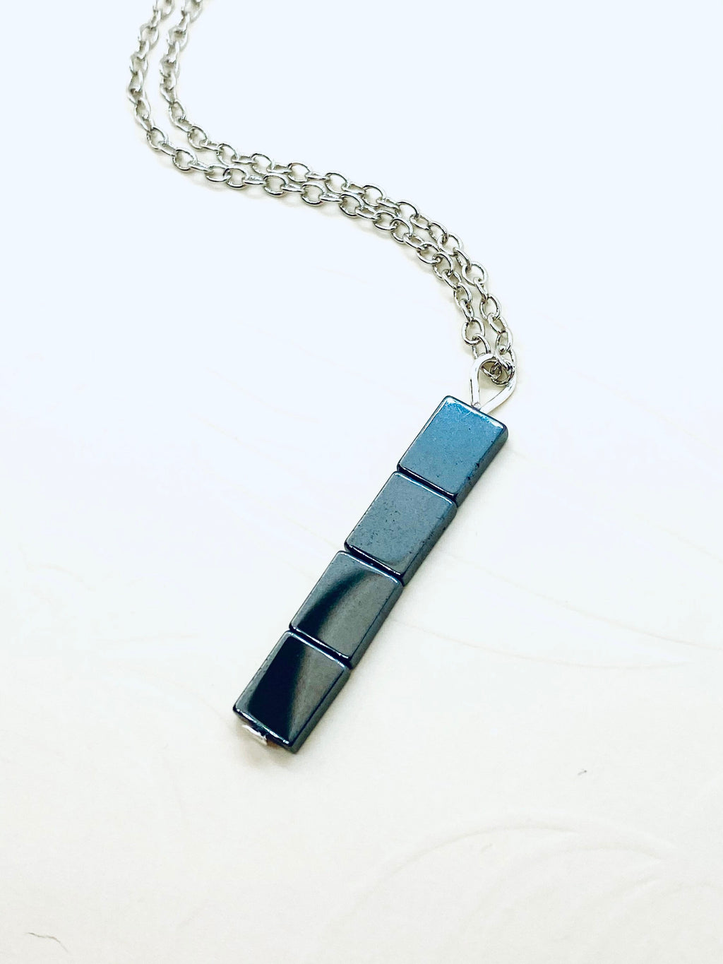 Hematite Bar Pendant Necklace, Gunmetal & Silver Plated Chain