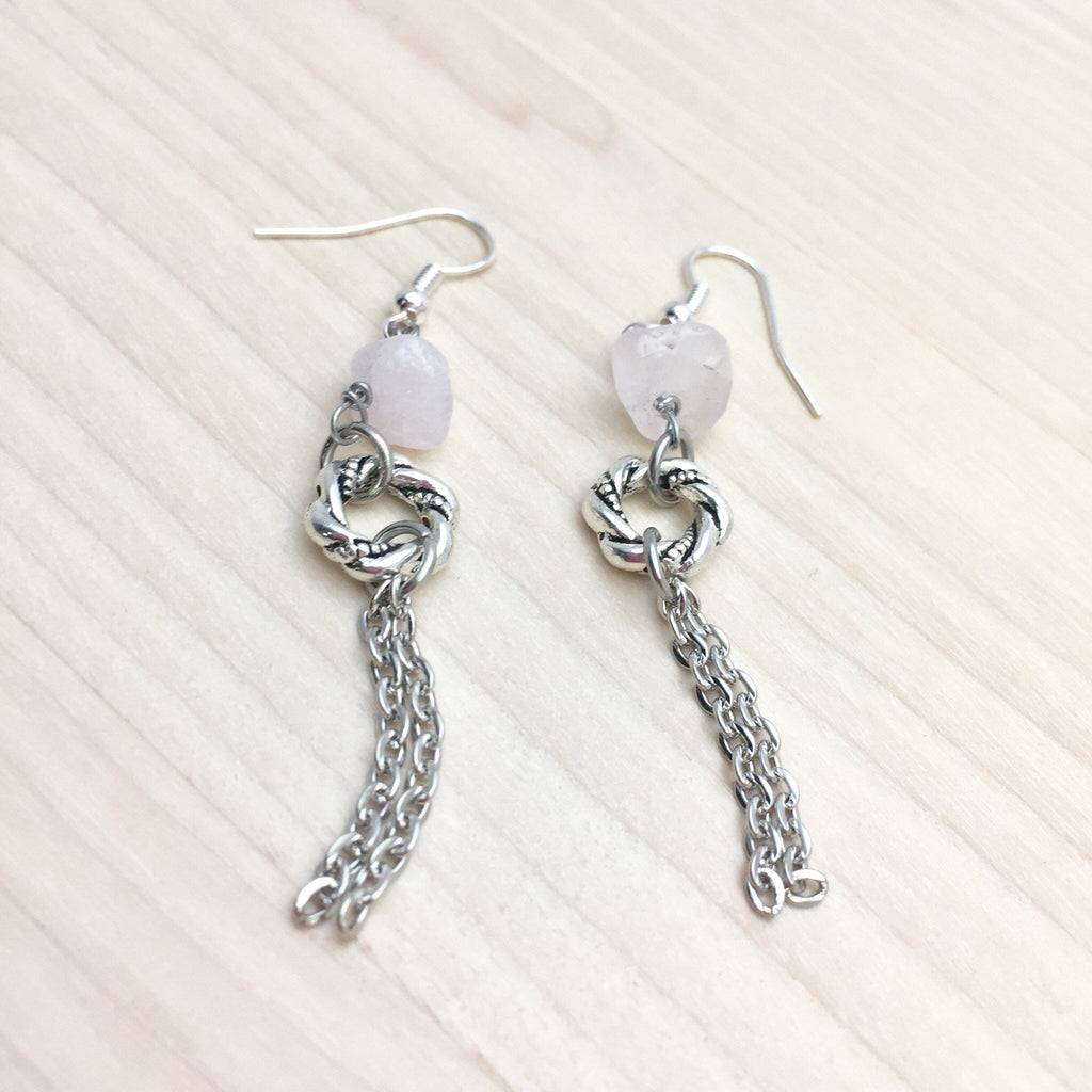 Rose Quartz Dangle Earrings, Silver Plated Chain, Lightweight
