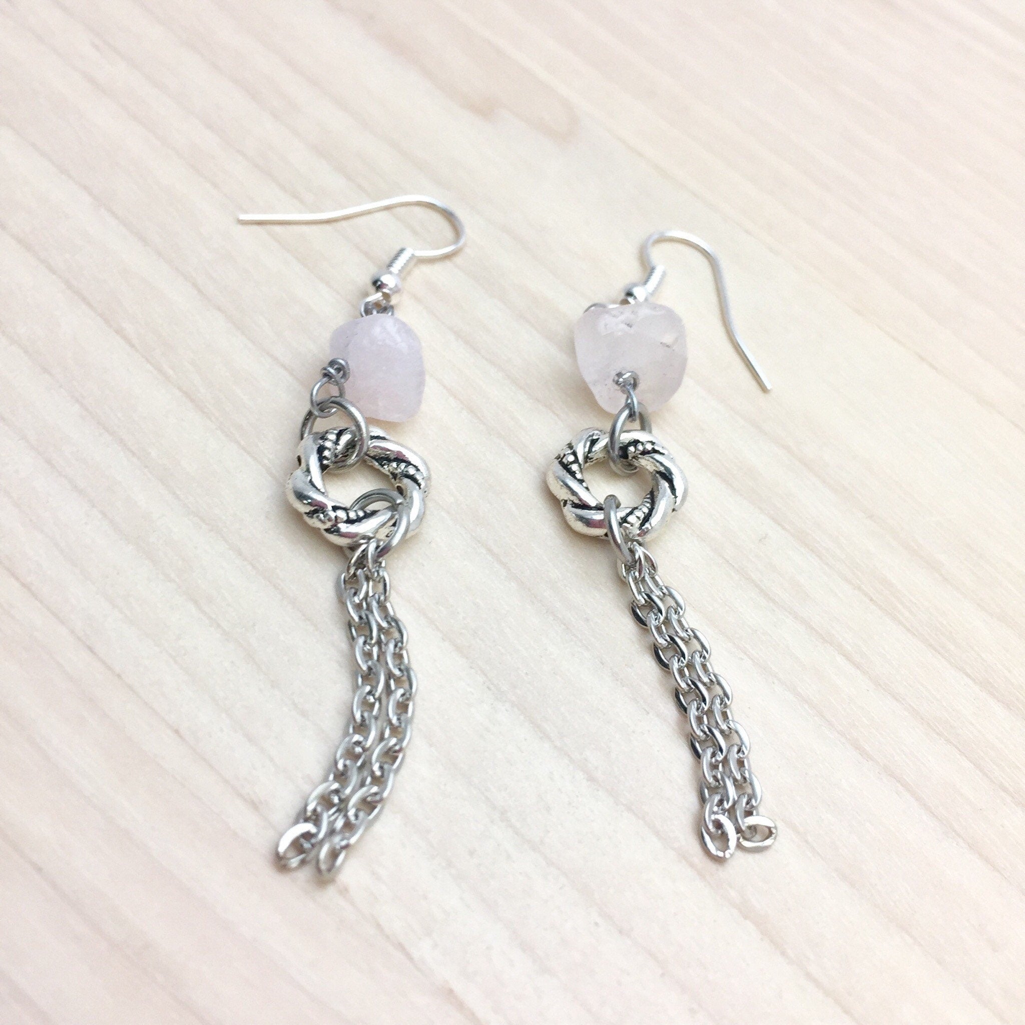 Rose Quartz Dangle Earrings, Silver Plated Chain, Lightweight