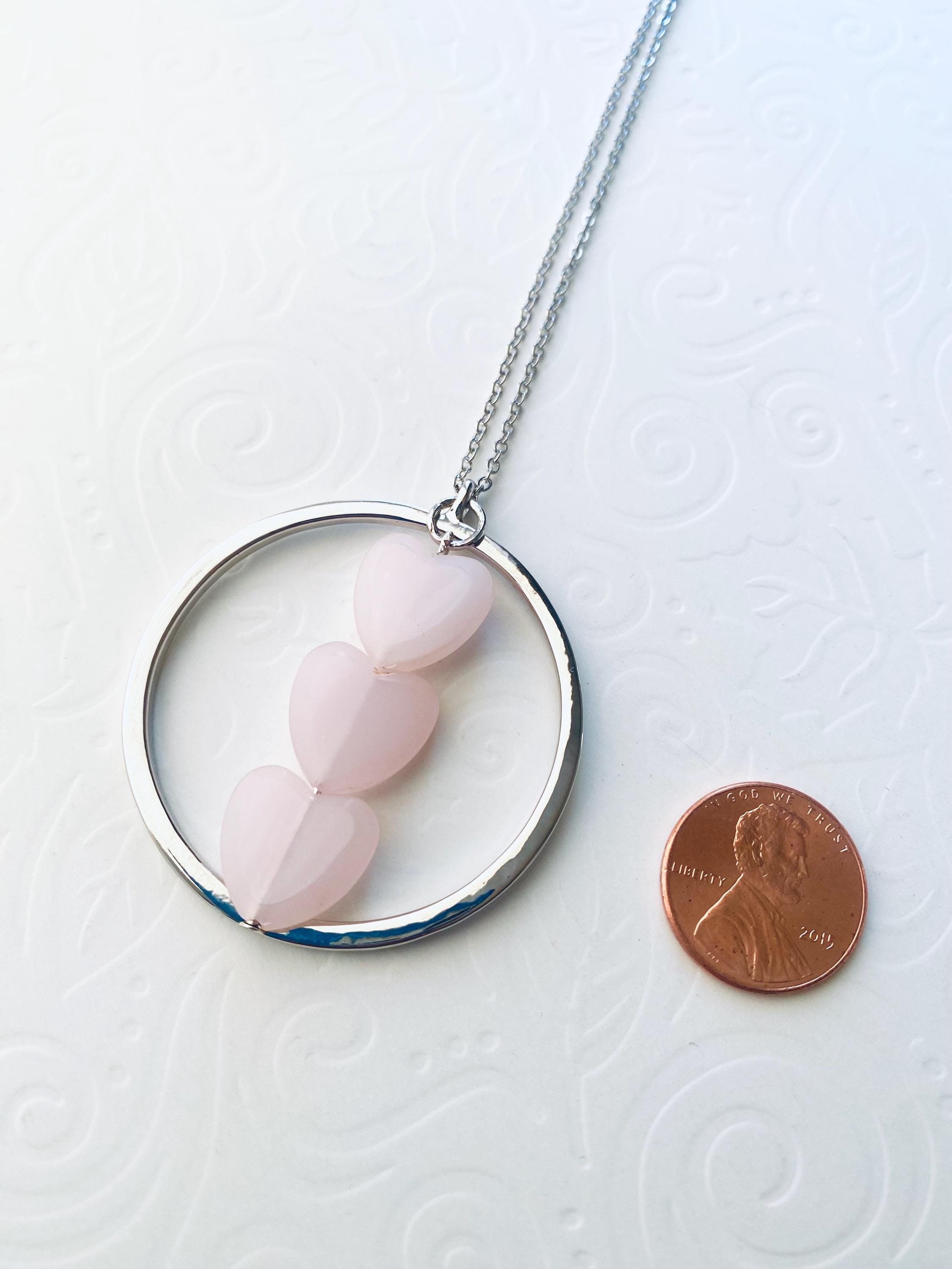 Pink Glass Heart Pendant Necklace, Silver Plated Chain, 30 Inch