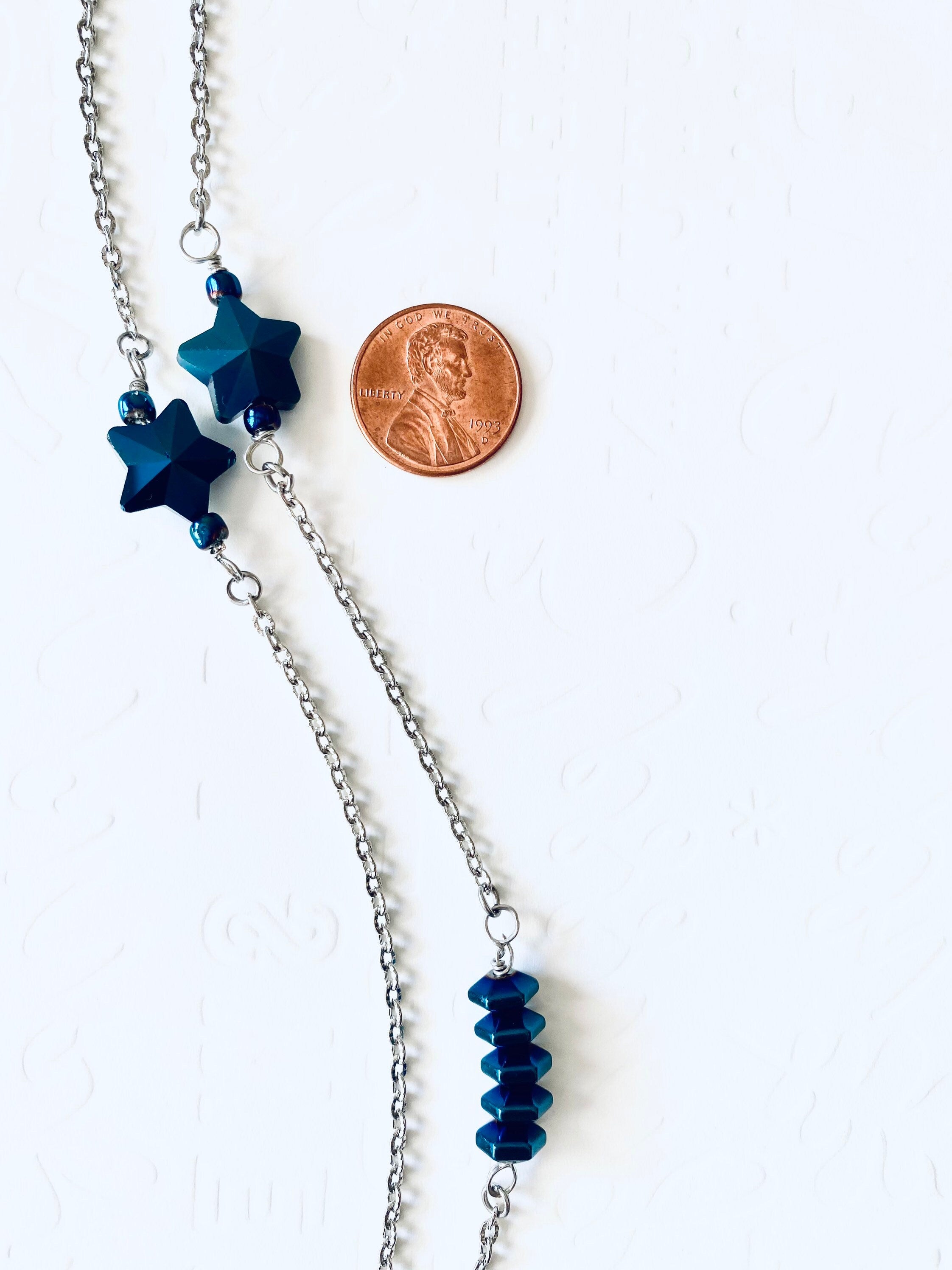 Handmade Blue Iridescent Star Necklace, Silver Chain, Patriotic Jewelry