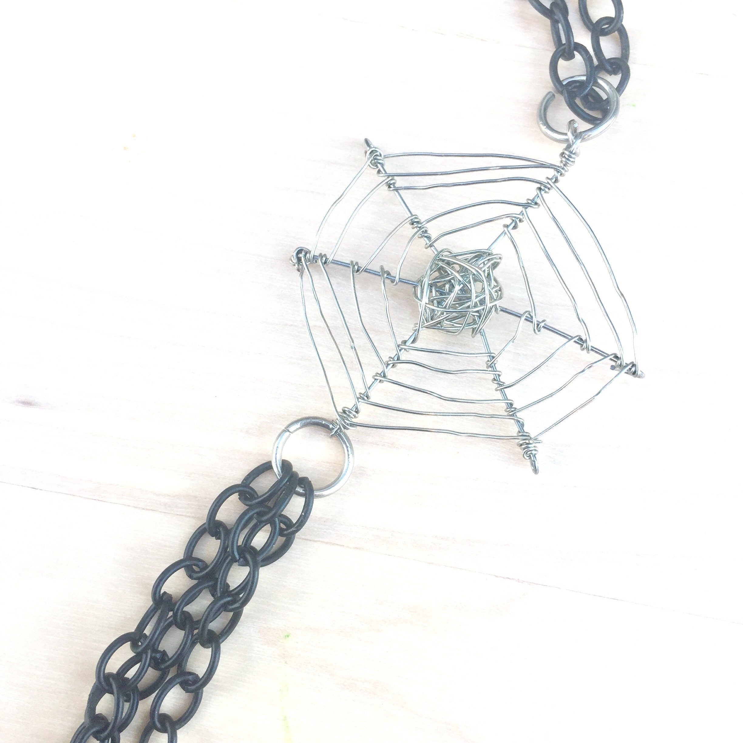 Halloween Spider Web Necklace, Silver Plated, Black Cable Chain