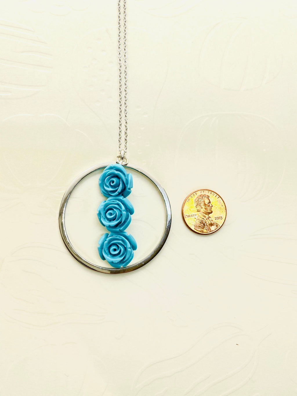 Blue Flower Pendant Necklace, Silver Circle, 30 inch Chain
