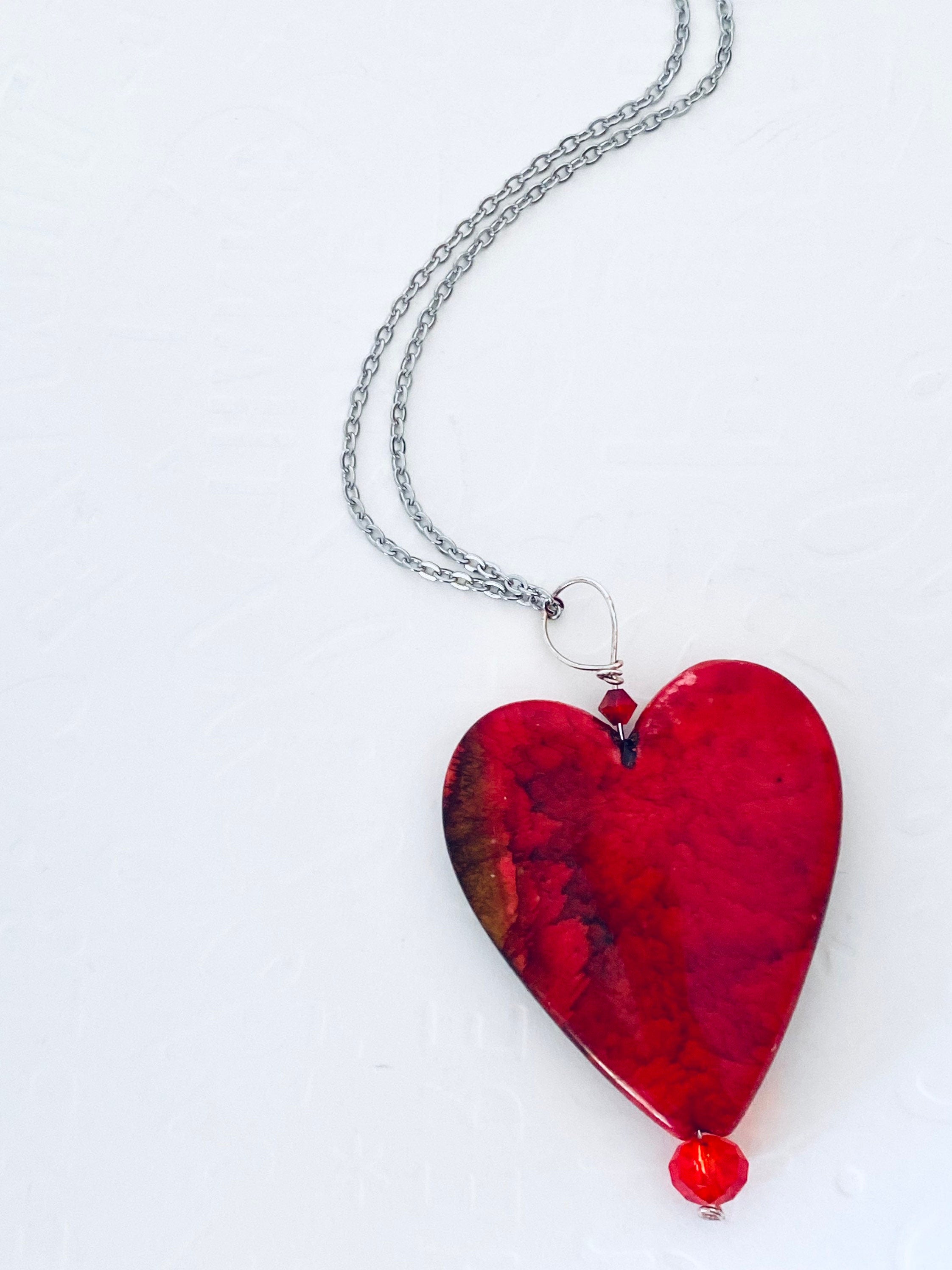 Red Glass Heart Pendant Necklace, Silver Plated Chain, Czech Crystals