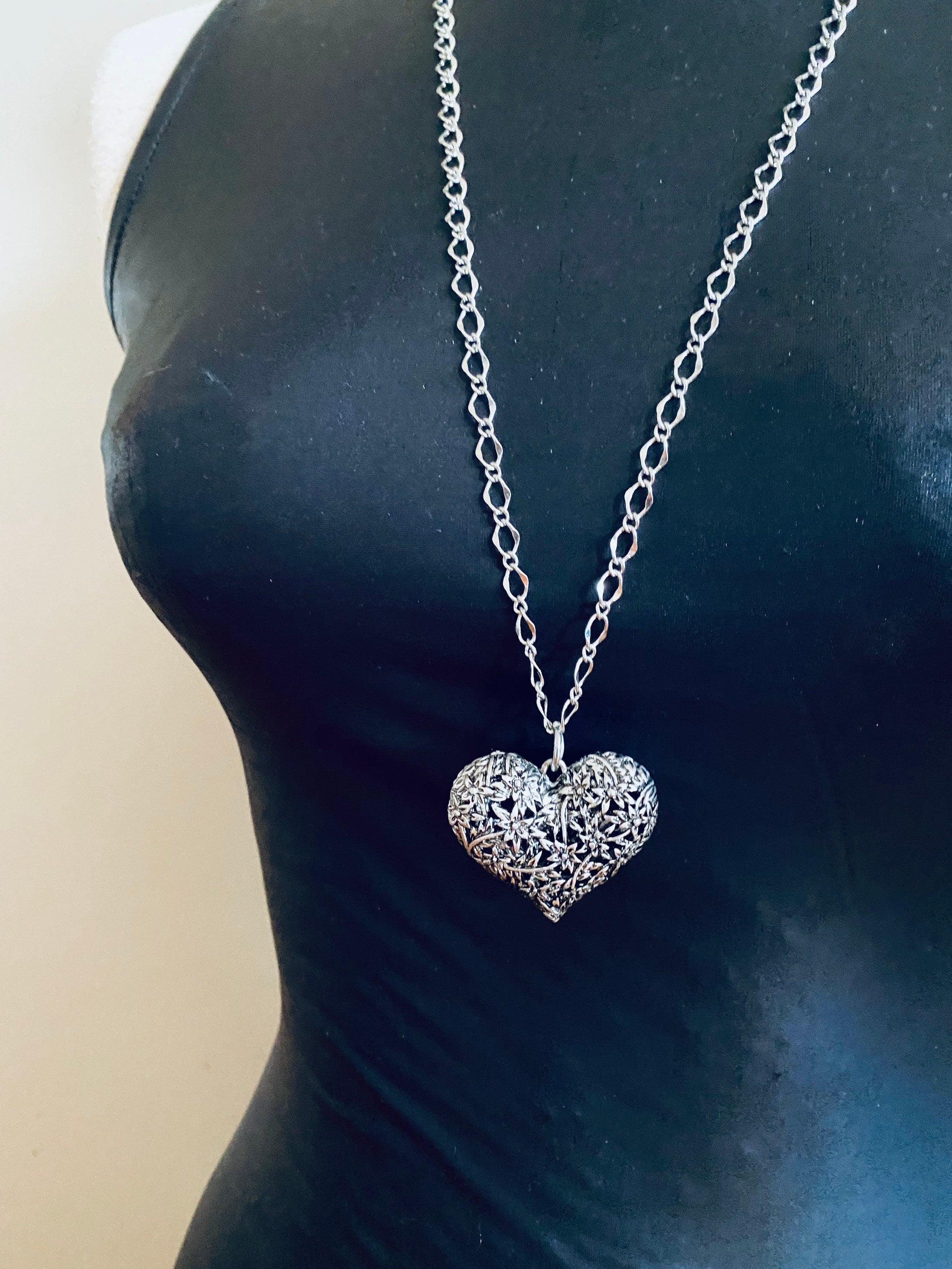 Flower Filigree Heart Pendant Necklace, Silver Plated Chain