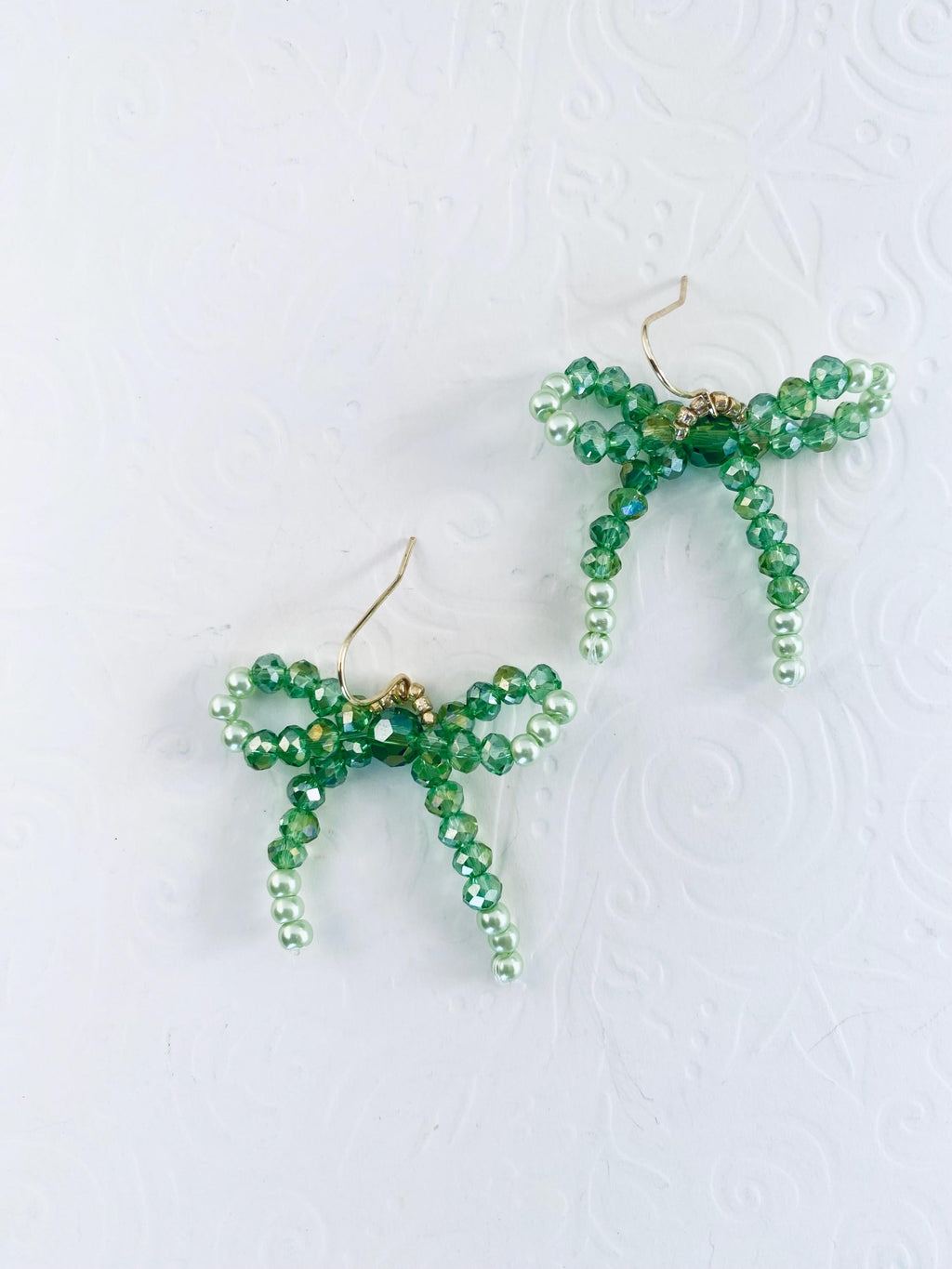 Handmade Green Crystal Bow Earrings, Beaded Dangle Earrings