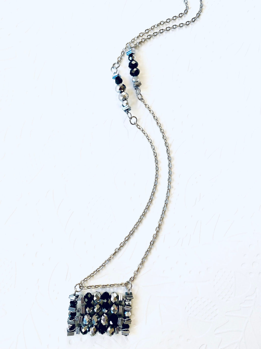 Black Silver Beaded Pendant Necklace, Festive Rectangular Jewelry, 30 Inch Chain