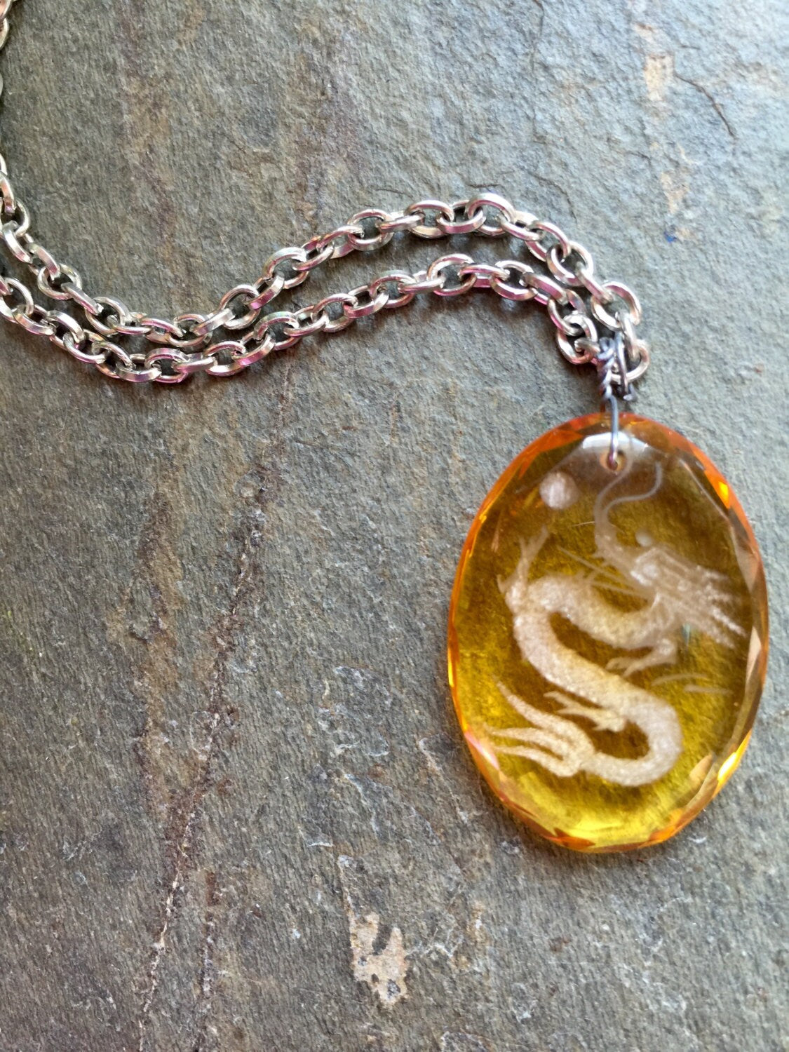 Engraved Dragon Yellow Glass Pendant, Silver Chain Necklace