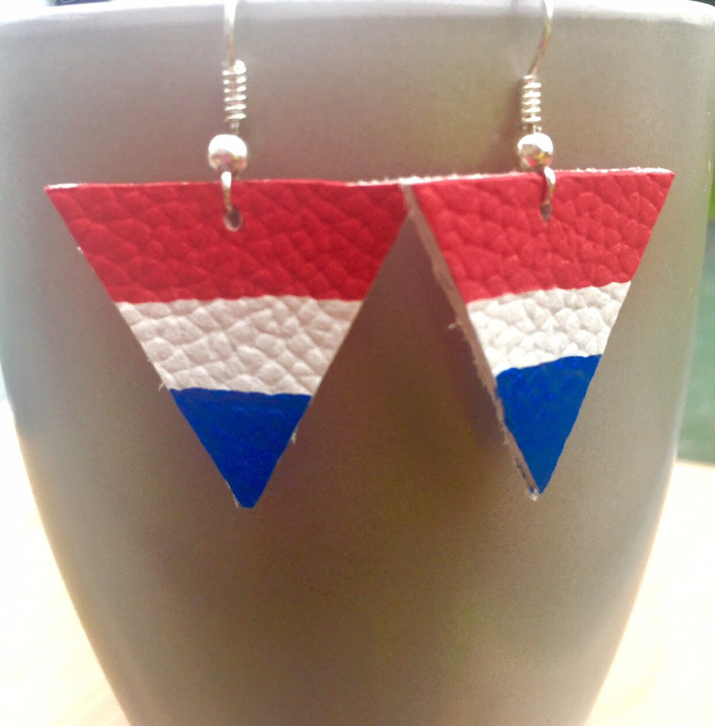 Handmade Leather Triangle Earrings, Red White Blue, Patriotic Jewelry