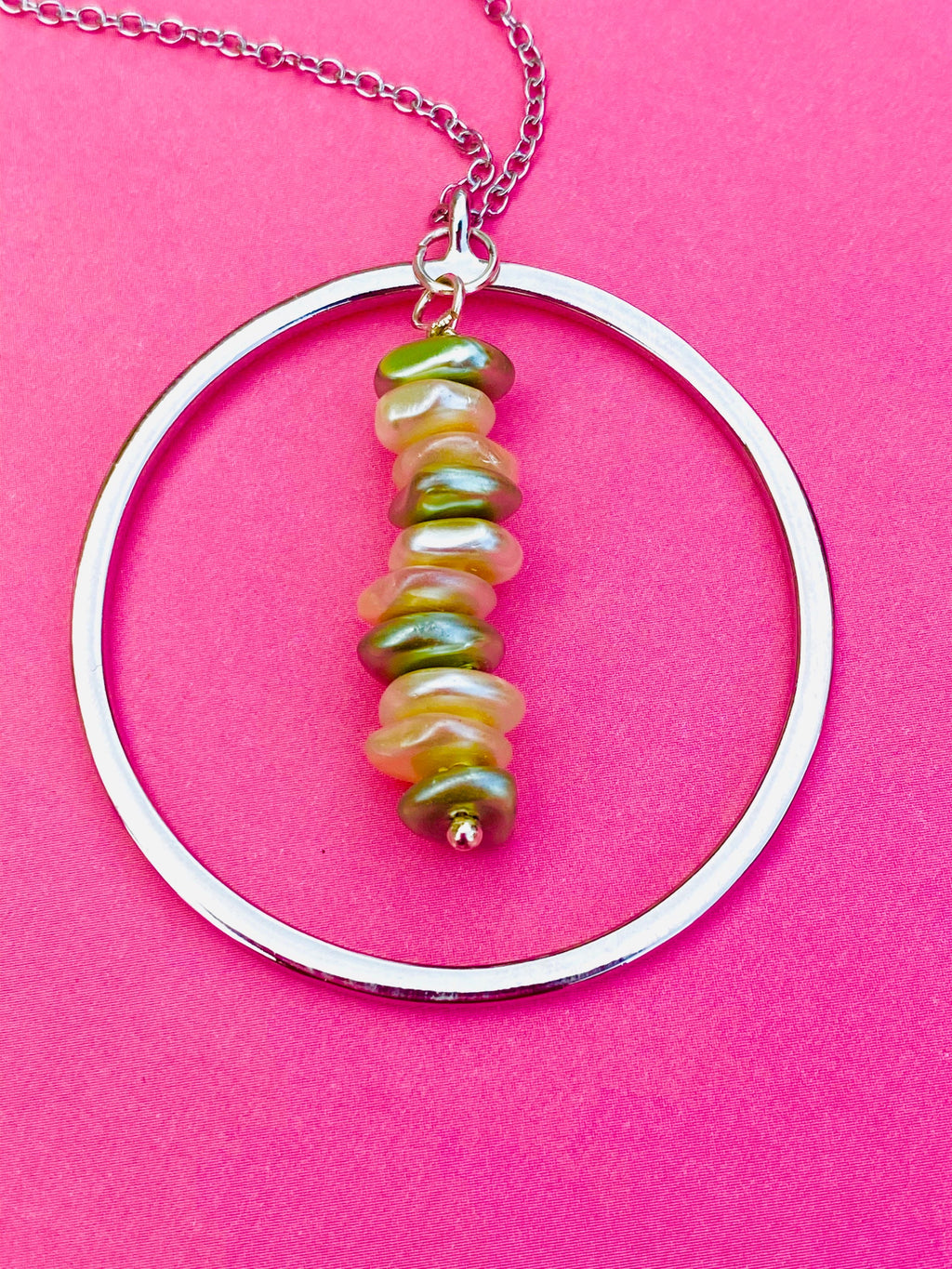 Cream Sage Pearl Necklace, Silver Circular Pendant, 30 inch Chain