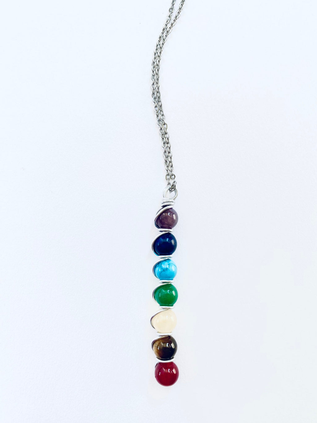 7 Chakra Gemstone Necklace, Spiritual Balance, Silver Plated Chain