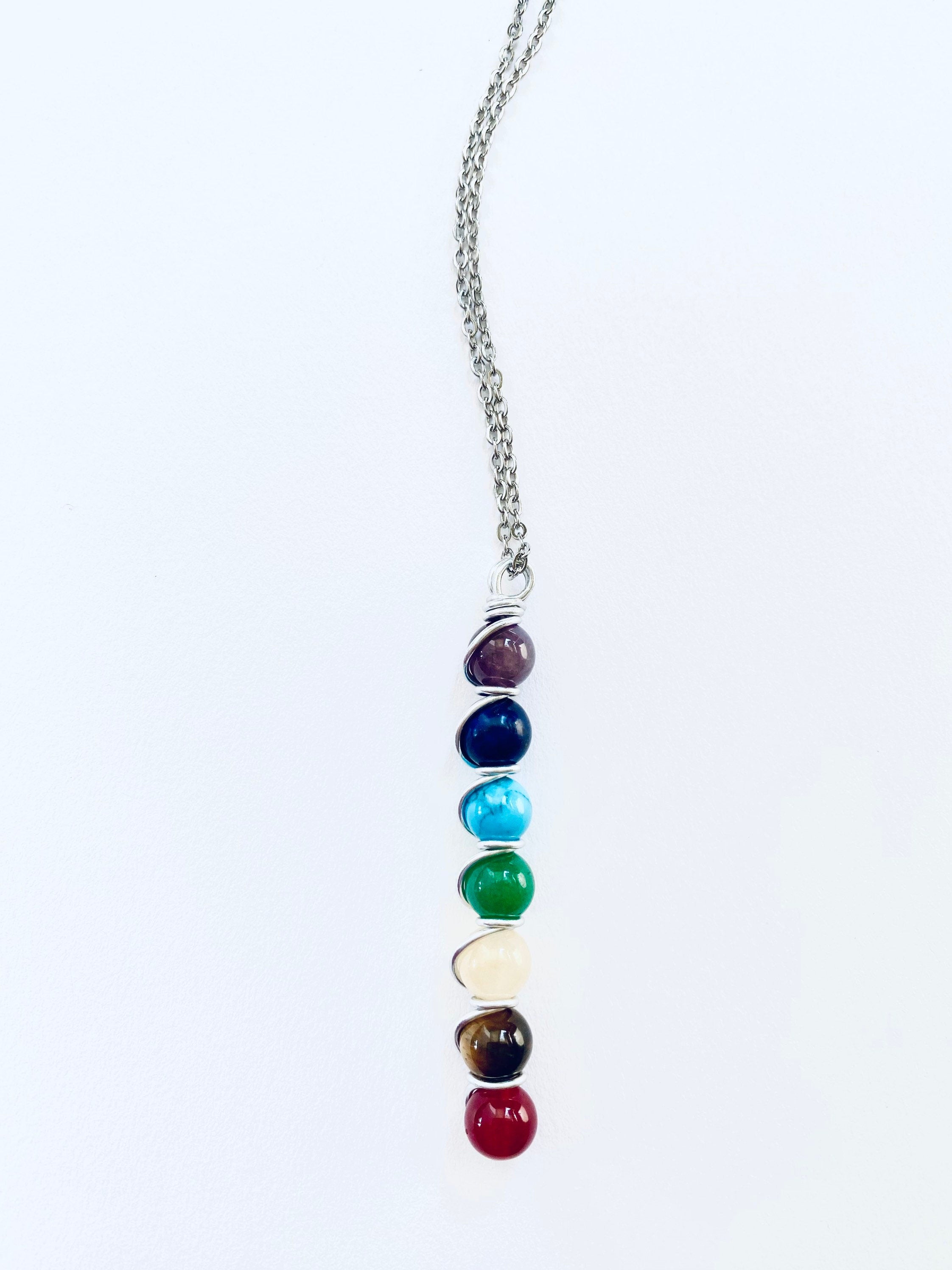 7 Chakra Gemstone Necklace, Spiritual Balance, Silver Plated Chain