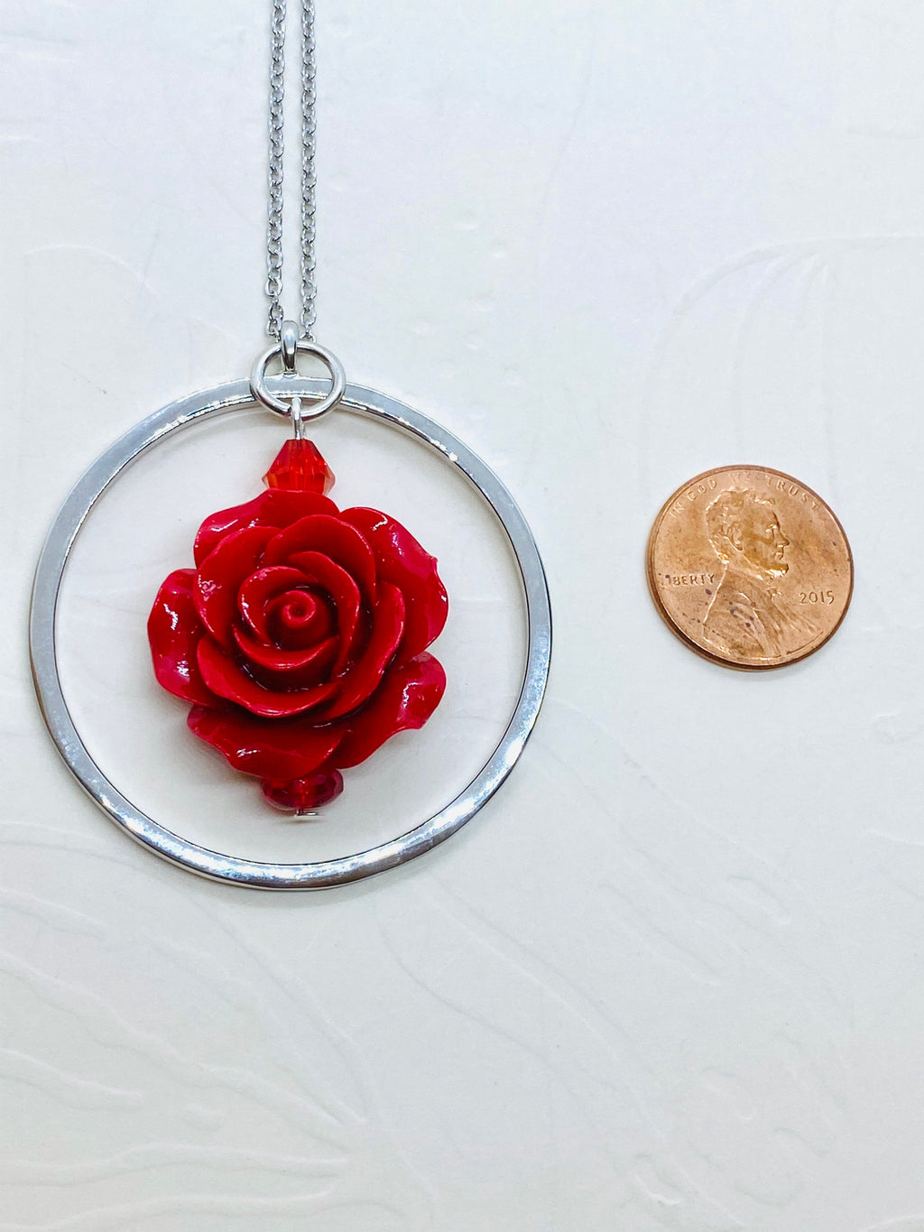 Red Rose Circular Pendant Necklace, Silver Plated, 30 inch