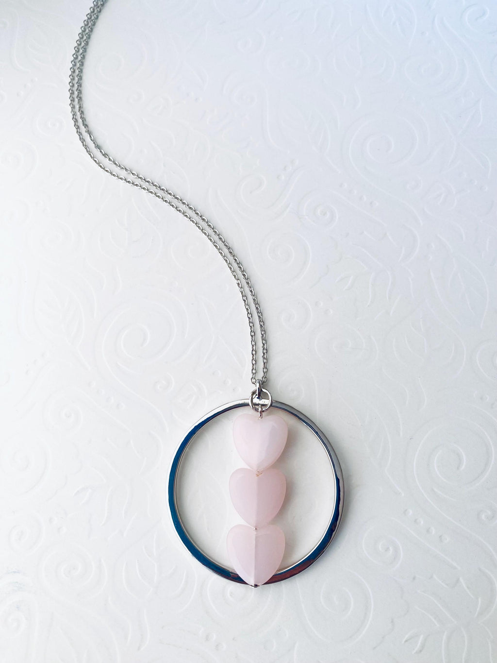 Pink Glass Heart Pendant Necklace, Silver Plated Chain, 30 Inch
